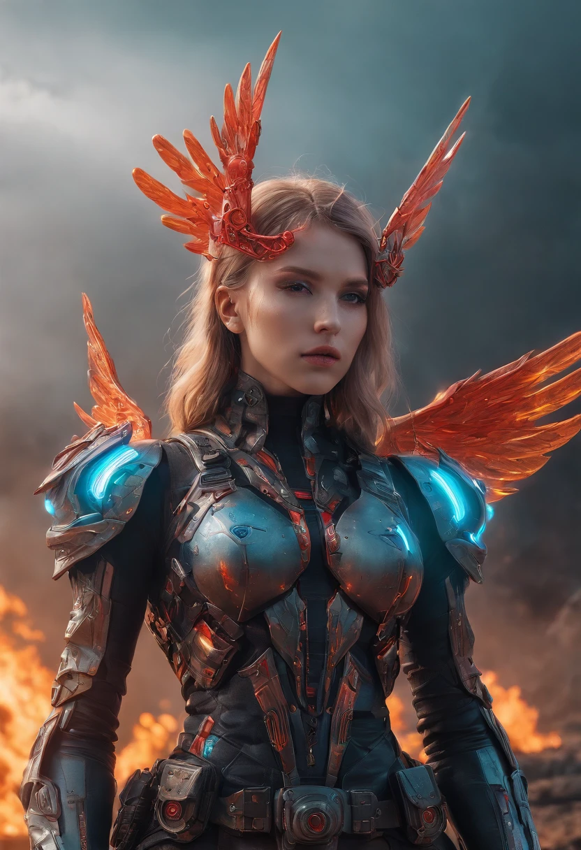 Cosmic cyberpunk Fallen Angel wearing Neon Mecha Armour, Flaming Sword glowing light eyes, Biomechanical, eerie, Creepy, nightmarish, Very bright neon colours, Light particles, with light glowing, , Mushroom Cloud, winner of the year's best photo, the world on fire, post-apocalyptic hellscape military photography, photo epic of the year, fire on the horizon, epic cinematic shot, pure form, intricate detail, 8k post-production, High resolution, super Detail, trending on ArtStation, sharp focus, studio photos, intricate detail, Very detailed, By Greg Rutkowski, Mshiff, wallpaper art, UHD wallpaper