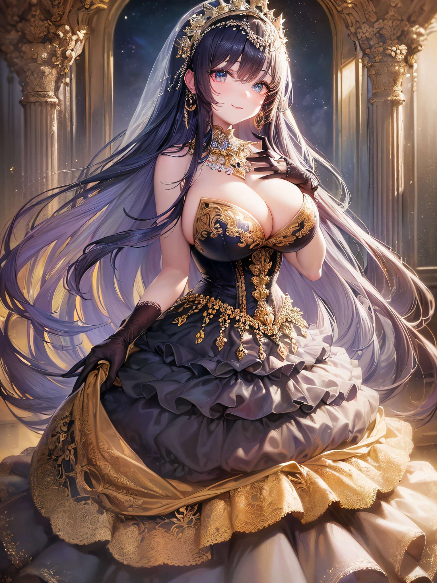 ((anime artstyle)),(Masterpiece),(Best Quality), (Super Detail),(Highly Detailed CG Unity 8k wallpaper),((Very Delicate and Beautiful)),cinematic lighting,1 girl,((full body portrait)),((standing in garden)),((solo)),(((1 fairytale princess in gorgeous embroidery and jeweled extremely gorgeous rococo princess ballgown with voluminous full length hoop skirt))),an hourglass waist,padded and corseted bodice,(((huge crinoline hoopskirt))),long train,((gorgeous embroidery and jeweled)),voluminous frills,See-through,(((extremely gigantic tits,skindentation))),cleavage,((absurdly Long Straight Hair,extremely voluminous Straight long Hair,absurdly Long Straight Hair)),(finely detailed face and eyes),(Blush,Smile),clear pupil,extremely gorgeousfull hair ornament,(bling-bling jeweled extremely gorgeousfull tiara),((bling-bling gorgeous gemstone jewelry)),gorgeous long veil,((ultra long gloves)),(beautiful background),(full body),((gorgeous embroidery and jeweled extremely gorgeous rococo princess ballgown with voluminous full length hoop skirt))