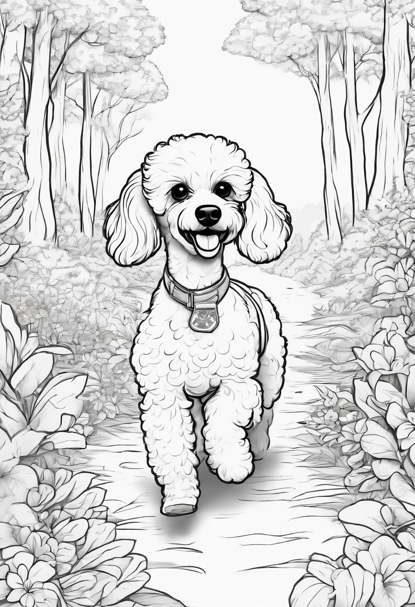 coloring page, Disney style, no color, small cute poodle dog, running, environment is a forest with trees and flowers --auto --s2