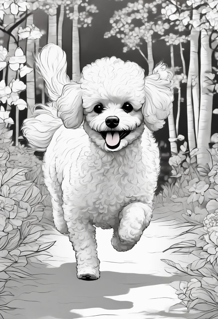 coloring page, Disney style, no color, small cute poodle dog, running, environment is a forest with trees and flowers --auto --s2