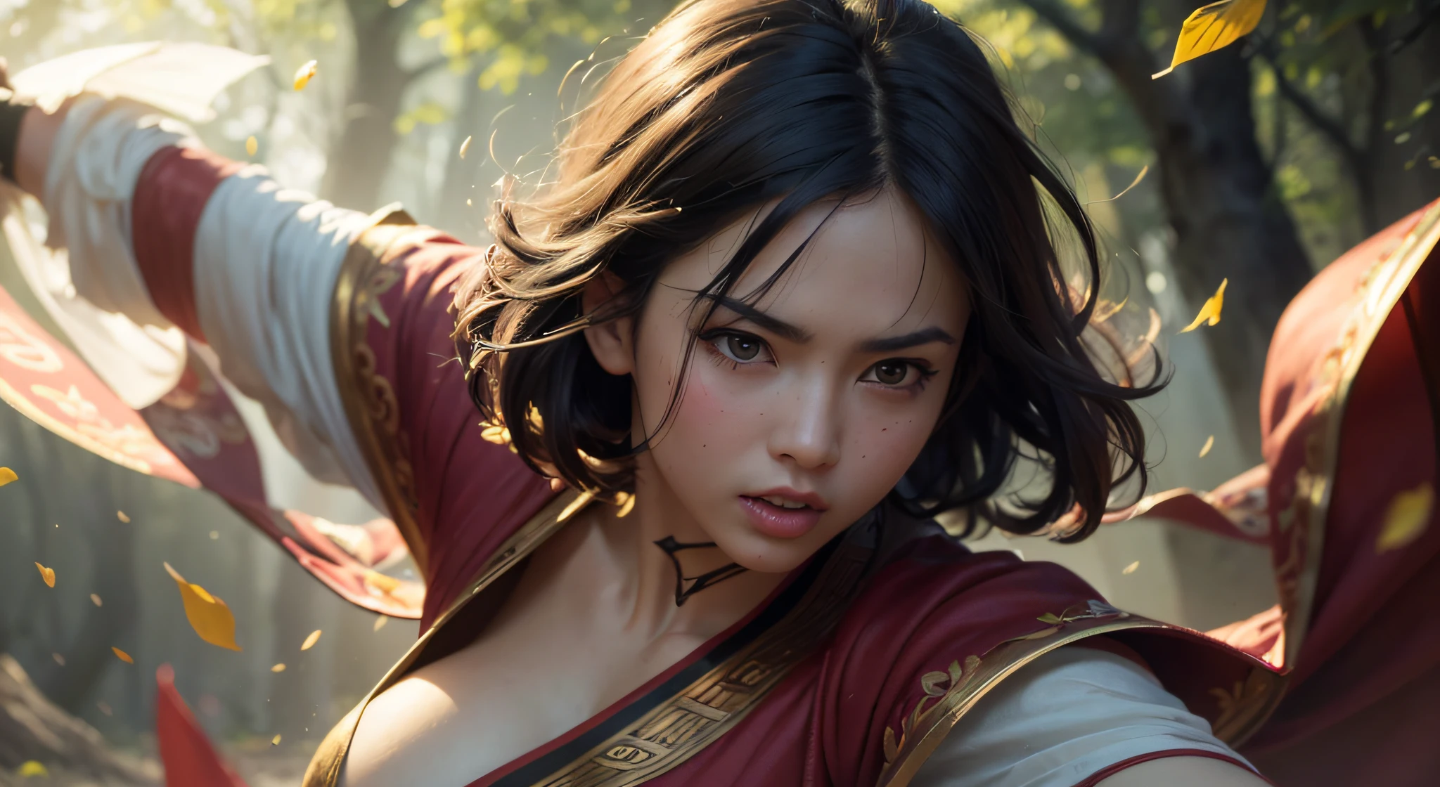 (best quality,4k,8k,highres,masterpiece:1.2),ultra-detailed,(realistic,photorealistic,photo-realistic:1.37), (1girl), short dark hair, beautiful face, beautiful lips, wearing chinese martial arts robes, engaged in a fight, nature surroundings, dynamic pose, intense expression, flying leaves, martial arts movements, intense lighting, vibrant colors, epic battle scene