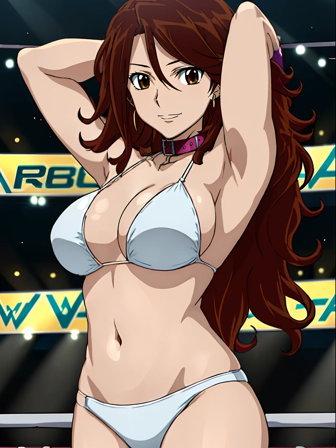 hug, Elegant lady, (upper body only), anime style: 1.8, anime drawing, ultra detailed face, ultra detailed body, 4k, Sumergai Lee Noriega, (standing), best quality, anime style, hires, highest definition, digital blending, bold drawing lines, ((wwe diva), (location: wrestling arena, crowds watching), ( slim body, (little biceps), , off-shoulders, closed fists, (curvy: 2.8)), ((white bikini, only, white gloves, collar, armpit protector)), victorious, winner, gentle, (pale skin, shiny skin, very big breasts, smile), (big eyes, brown eyes), (clapping), (brown hair, loose hair, curly hair, wavy hair, long hair, missy hair), 27 years old,