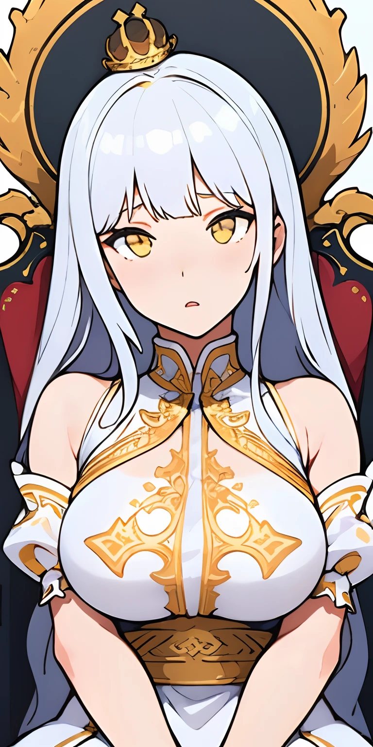 depth of field, focus_on_face, wet skin, embarrassed, 1girl, yellow eyes, (anger), gold horns, (silver armor), metal, complex pattern, corner, cape, indifference, huge breast, full body, blushing, sweating, nervous, silver hair, pale skin, exposed nipples