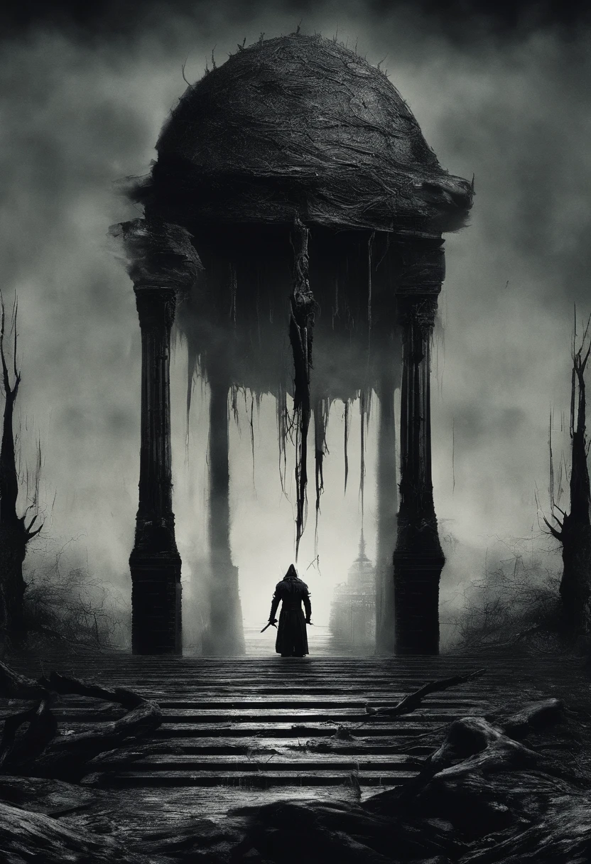 Em um mundo mergulhado na penumbra, Shadows dance around a lone warrior, tripas, cuja viagem se confunde com destinos antigos. No sombrio horizonte, Gothic towers rise, evocando um passado esquecido,em arcos de um dark fantasy. As cores desbotadas de 1970 se misturam com o noir de 1997, Criando uma paleta visual exclusiva.