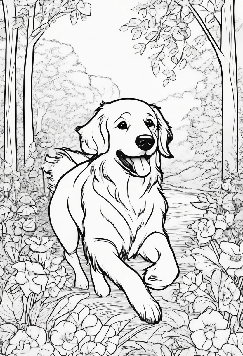 coloring page, Disney style, no color, small cute golden retriever dog, running, environment is a forest with trees and flowers --auto --s2