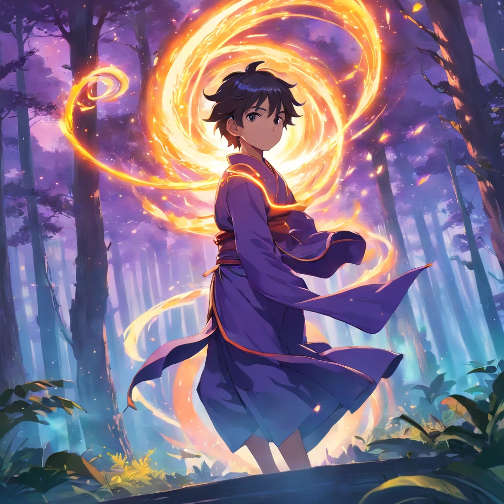 Amidst an ancient and overgrown forest, the essence of magic takes form through a man, his hair as purple and black and his eyes a radiant golden blaze with fire flame around. A mystical mark graces his neck, shimmering with latent power. Within a clearing, he stands engulfed in a cascading torrent of flames, the fire's heat tempered by an otherworldly energy. As the magical fire spirals and dances with purple and black aura around mixed with the fire, it conjures a swirling dance of luminous particles, each a fragment of his ethereal aura. Sun symbols materialize in midair, their glow casting an eerie light on his intense focus. The scene exudes a sense of ancient power and hidden knowledge, as if the woods themselves are alive with long-forgotten secrets. The mood is one of serene intensity, where the balance of nature and magic intertwine. The illustration style captures this mystical aura through detailed digital artistry, combining intricate linework with vibrant color palettes. --ar 16:9 --v 5