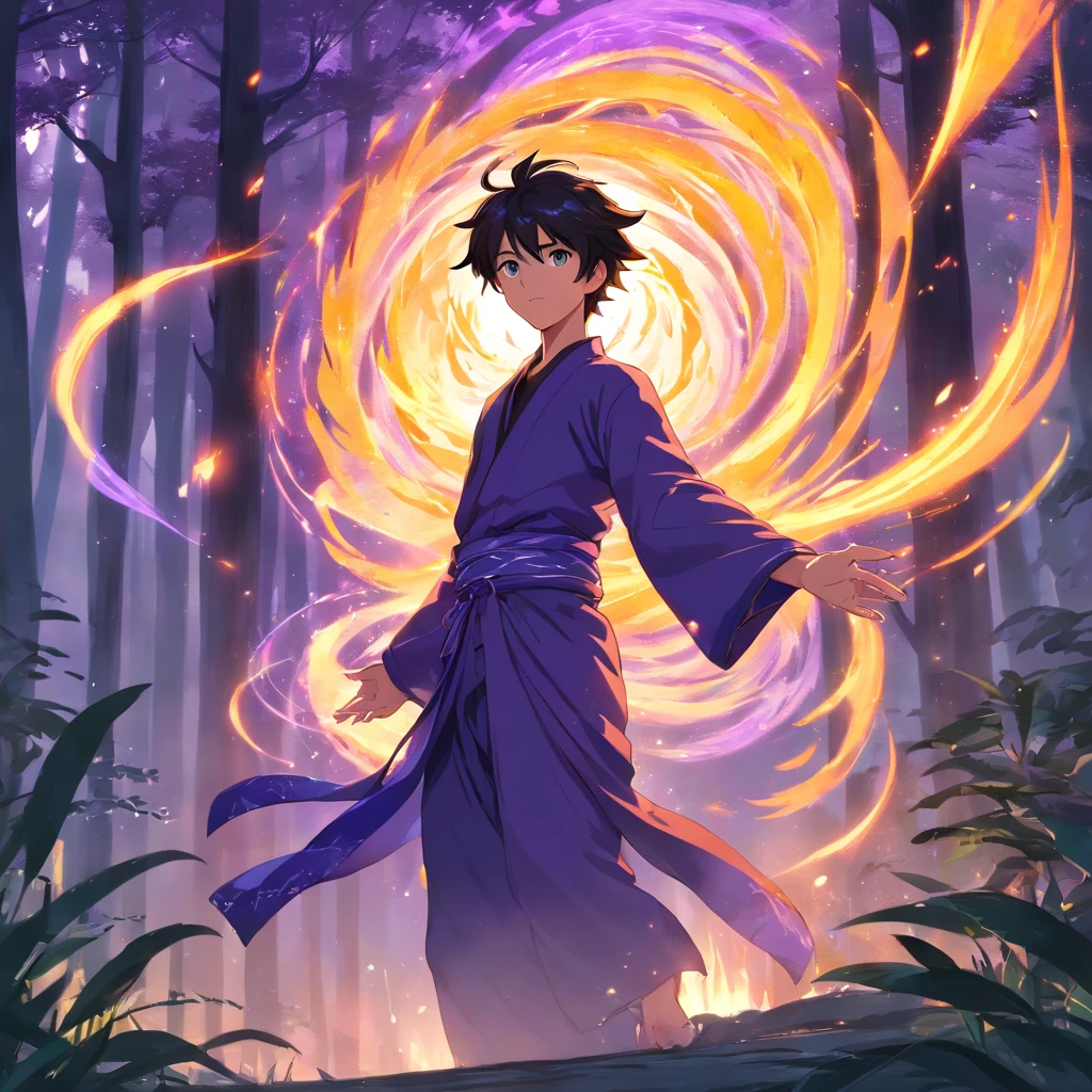 Amidst an ancient and overgrown forest, the essence of magic takes form through a man, his hair as purple and black and his eyes a radiant golden blaze with fire flame around. A mystical mark graces his neck, shimmering with latent power. Within a clearing, he stands engulfed in a cascading torrent of flames, the fire's heat tempered by an otherworldly energy. As the magical fire spirals and dances with purple and black aura around mixed with the fire, it conjures a swirling dance of luminous particles, each a fragment of his ethereal aura. Sun symbols materialize in midair, their glow casting an eerie light on his intense focus. The scene exudes a sense of ancient power and hidden knowledge, as if the woods themselves are alive with long-forgotten secrets. The mood is one of serene intensity, where the balance of nature and magic intertwine. The illustration style captures this mystical aura through detailed digital artistry, combining intricate linework with vibrant color palettes. --ar 16:9 --v 5