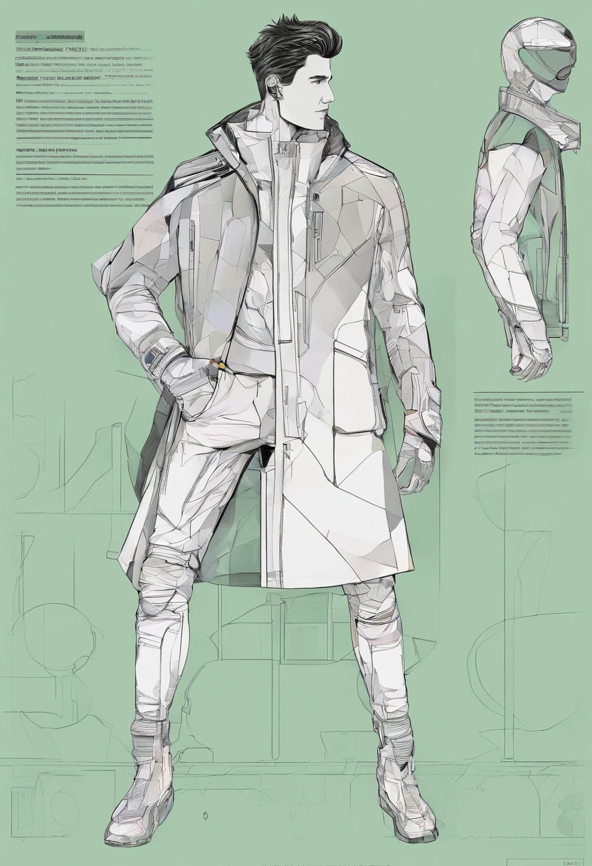 una imagen vector donde, se puede ver a un hombre que irradia una elegancia futurista en su apariencia. the cold colors dominate in his garment the protagonist is the green color The pants (anchos) that you saw have a rough and unique texture that reflects a mix of modern and advanced elements. The fabric seems to be composed of micro technology, with small subtle LED lights that flash intermittently along rough textures. El atuendo del hombre es completamente (asymmetric), (singular)lo que le da un toque vanguardista y llamativo. En su parte superior, He wears a jacket that wraps asymmetrically around his torso, creating a sense of movement and dynamism in your style. The jacket is adorned with metallic details, con parches, trasparencias. with organic textures. toda su prenda es puffer. cable como detalles en la prenda