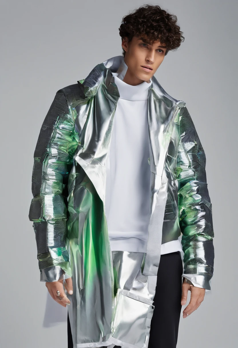 una imagen vector donde, se puede ver a un hombre que irradia una elegancia futurista en su apariencia. the cold colors dominate in his garment the protagonist is the green color The pants (anchos) that you saw have a rough and unique texture that reflects a mix of modern and advanced elements. The fabric seems to be composed of micro technology, with small subtle LED lights that flash intermittently along rough textures. El atuendo del hombre es completamente (asymmetric), (singular)lo que le da un toque vanguardista y llamativo. En su parte superior, He wears a jacket that wraps asymmetrically around his torso, creating a sense of movement and dynamism in your style. The jacket is adorned with metallic details, con parches, trasparencias. with organic textures. toda su prenda es puffer. cable como detalles en la prenda
