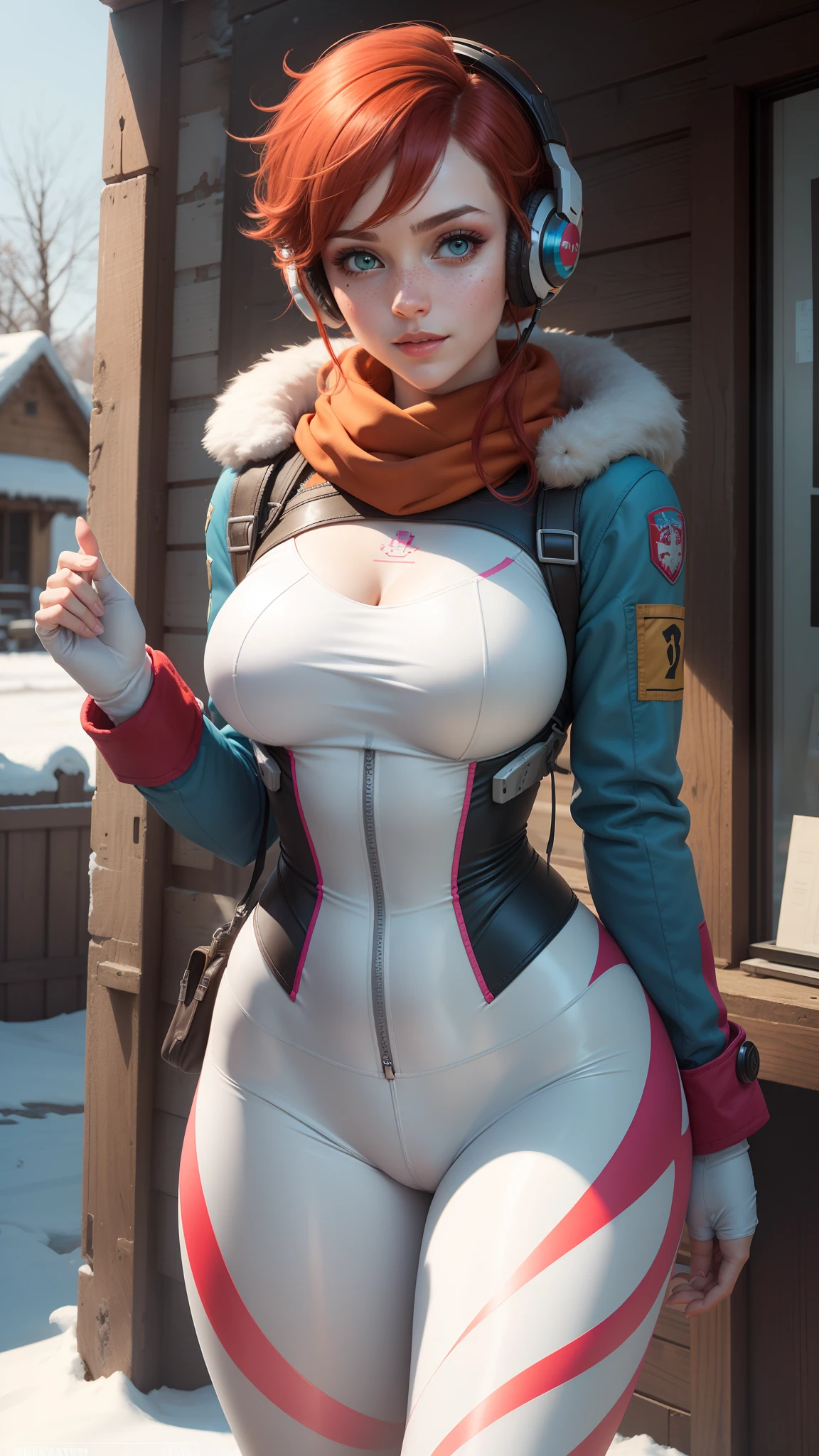 gwen tennyson,1girl,tracer,d.va,rebecca chambers,overwatch,gundam,close up, mecha pilot,winter mountain,rose and blue plugsuit,front hair pin,pirate corset, white long sleeve lycra top,white winter leggings,short hair,cute makeup,green eyes,orange and blue hair,shy smile, freckles,redhead,beautiful girl,large breasts,ultra detailed,realistic,fantasy art,ski scarf,short winter jacket,earmuffs, Christmas village,