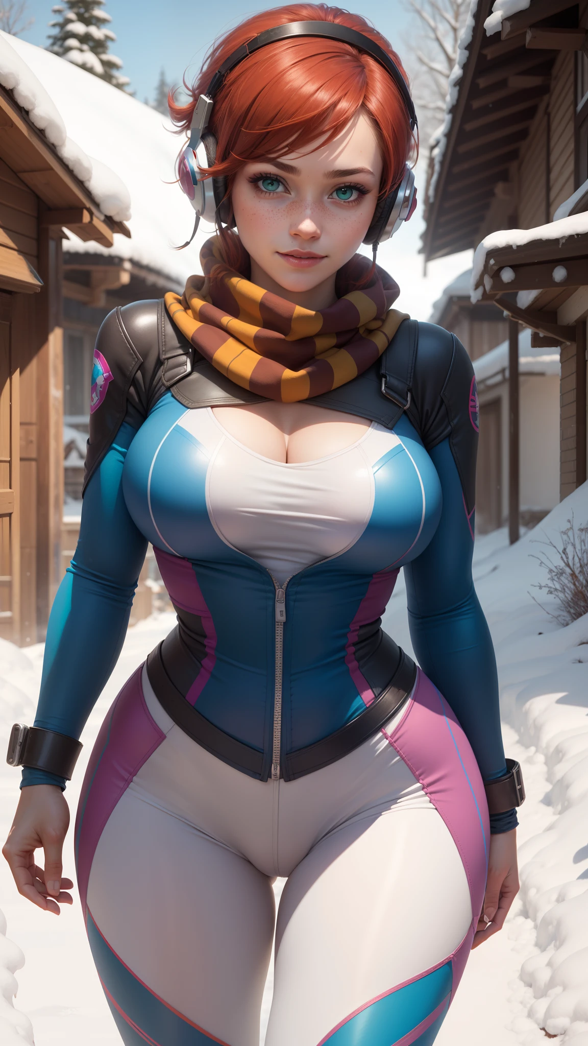gwen tennyson,1girl,tracer,d.va,rebecca chambers,overwatch,gundam,close up, mecha pilot,winter mountain,rose and blue plugsuit,front hair pin,pirate corset, white long sleeve lycra top,white winter leggings,short hair,cute makeup,green eyes,orange and blue hair,shy smile, freckles,redhead,beautiful girl,large breasts,ultra detailed,realistic,fantasy art,ski scarf,short winter jacket,earmuffs, Christmas village,