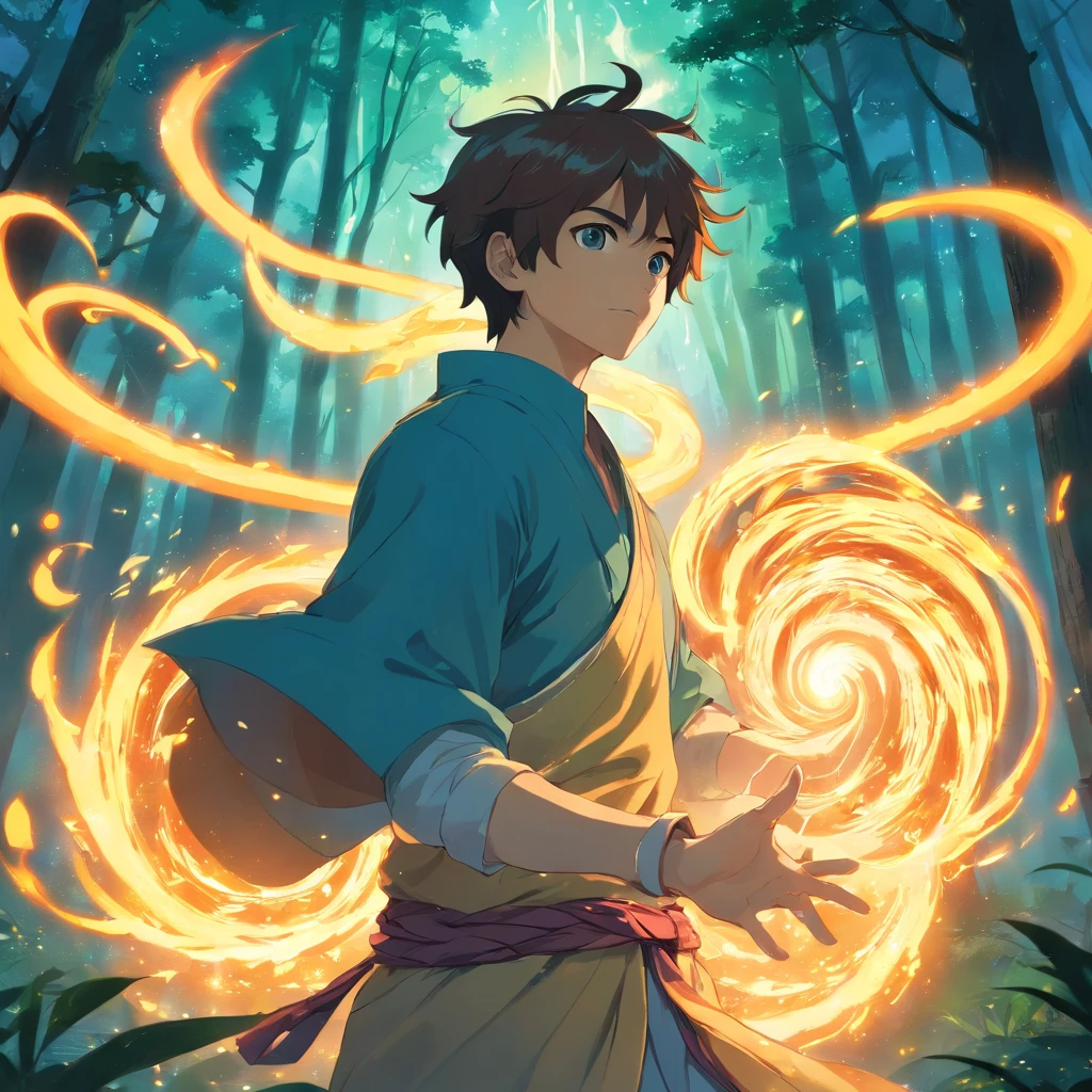 Amidst an ancient and overgrown forest, the essence of magic takes form through a man, his hair as dark as the shadows and his eyes a radiant golden blaze. A mystical mark graces his neck, shimmering with latent power. Within a clearing, he stands engulfed in a cascading torrent of flames, the fire's heat tempered by an otherworldly energy. As the magical fire spirals and dances, it conjures a swirling dance of luminous particles, each a fragment of his ethereal aura. Arcane symbols materialize in midair, their glow casting an eerie light on his intense focus. The scene exudes a sense of ancient power and hidden knowledge, as if the woods themselves are alive with long-forgotten secrets. The mood is one of serene intensity, where the balance of nature and magic intertwine. The illustration style captures this mystical aura through detailed digital artistry, combining intricate linework with vibrant color palettes. --ar 16:9 --v 5