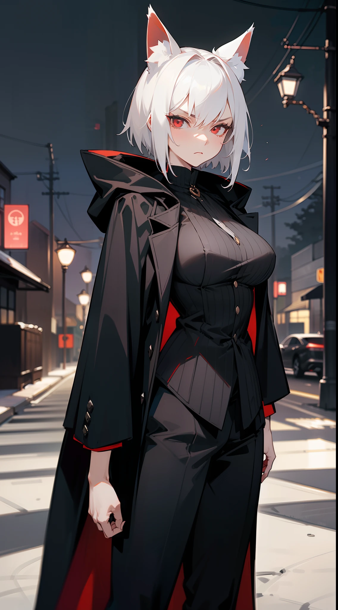 Masterpiece,1girl,20s,tall,mature female,serious face,black overcoat,hooded,black pants,medium tits,white hair,short hair,red eyes,fox ears,((standing in a street in night suburbs,night)),cowboy shot
