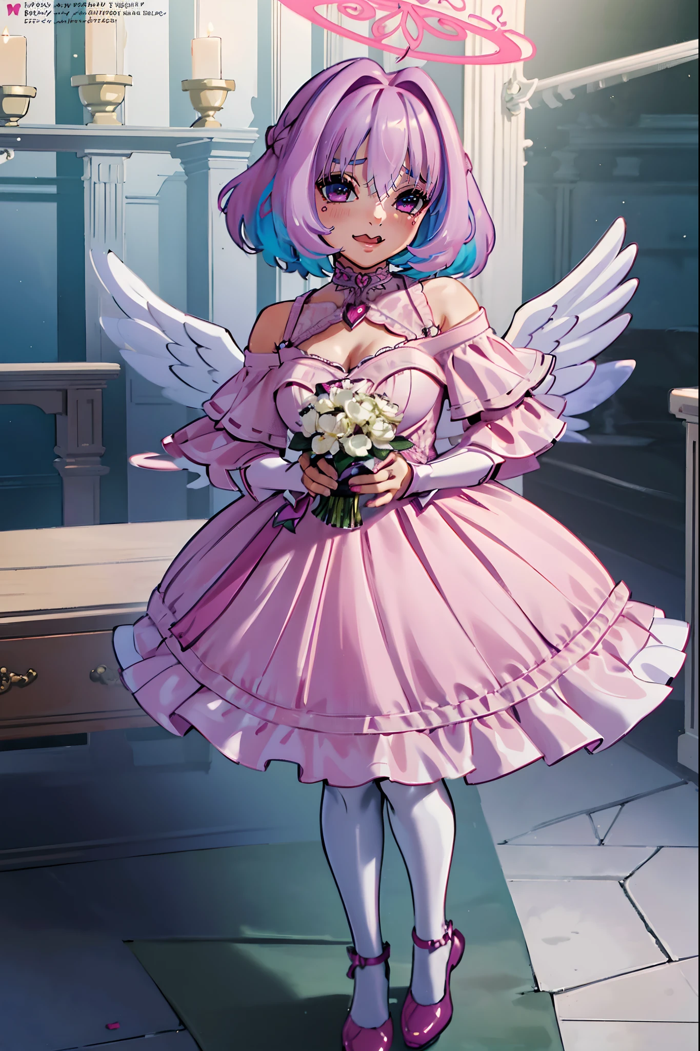(best quality,masterpiece:1.2),intricate details,beautiful detailed eyes,beautiful detailed lips,extremely detailed eyes and face,longeyelashes,riamu, modeseven,super curvy,comic style,vibrant colors,standing,innocent, full body, standing, smile, princess dress, noble clothing, holy angel magicalgirl, open mouth fang, holy haura, halo
