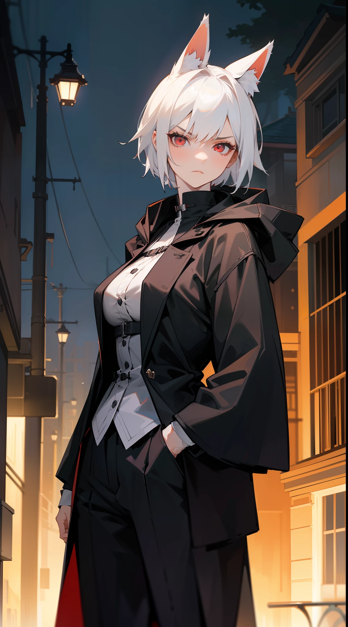 Masterpiece,1girl,20s,tall,mature female,serious face,black overcoat,hooded,black pants,medium tits,white hair,short hair,red eyes,fox ears,((standing in a street in night suburbs,night)),cowboy shot