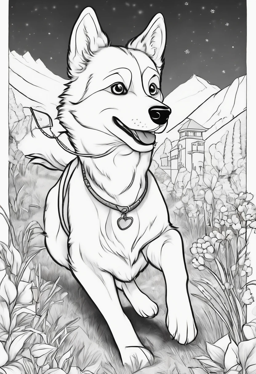 coloring page, Disney style, no color, small cute husky dog, running, environment is a snowtown --auto --s2