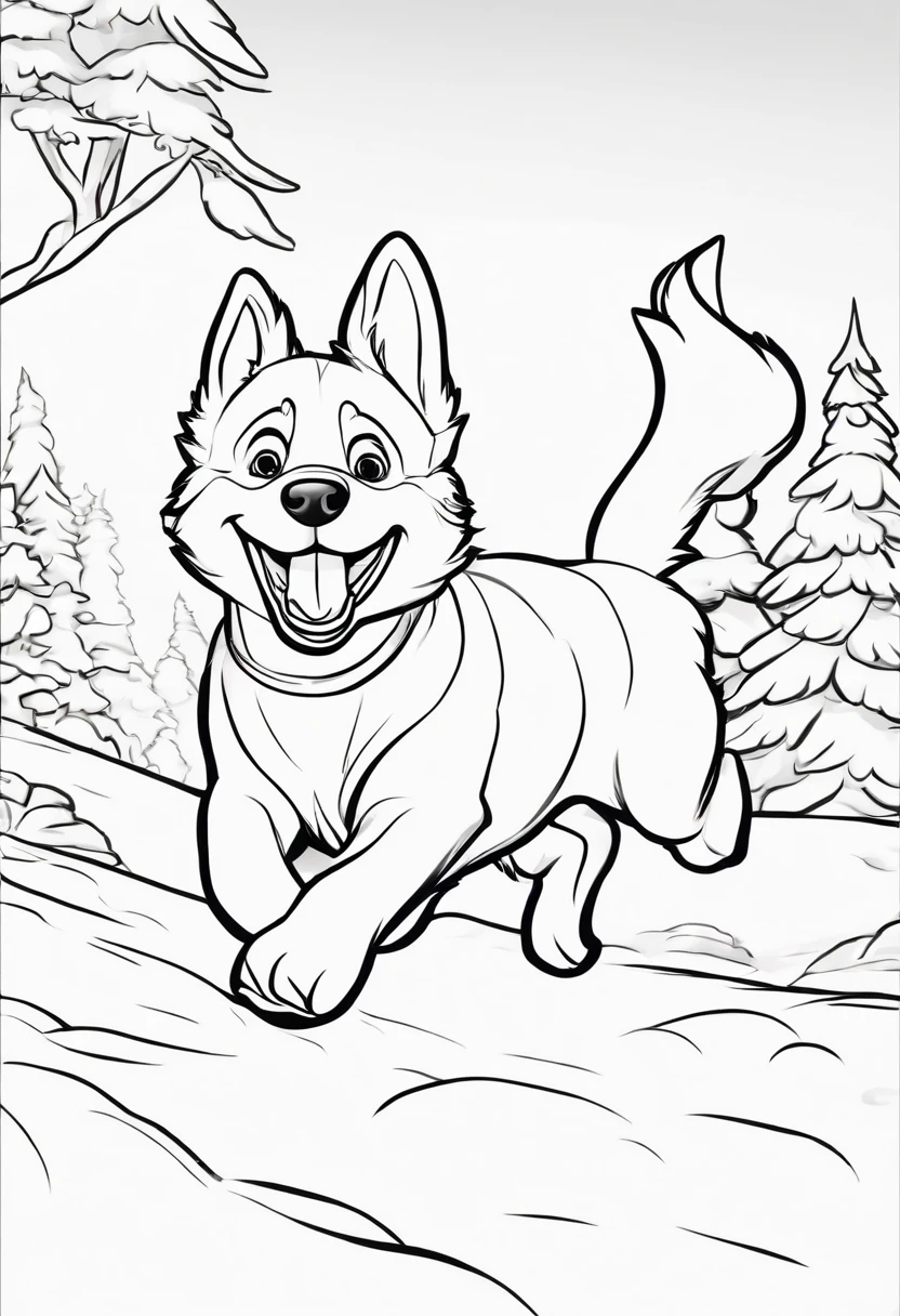 coloring page, Disney style, no color, small cute husky dog, running, environment is a snowtown --auto --s2