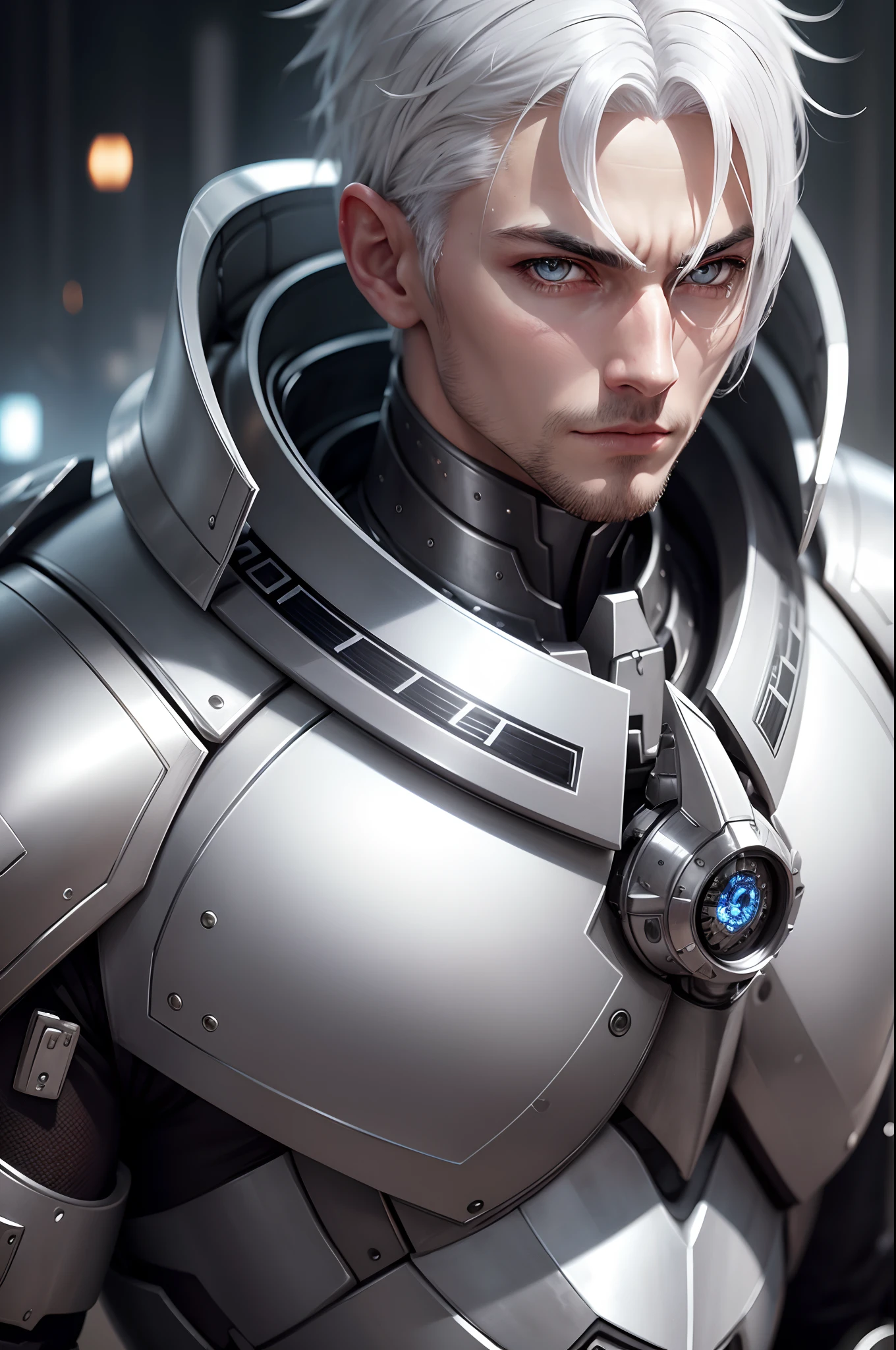 silver eyes, platinum hair, lots of details, realistic, highres, ultra-detailed, bokeh, physcially-based rendering, portrait, man with armor stuck to his body