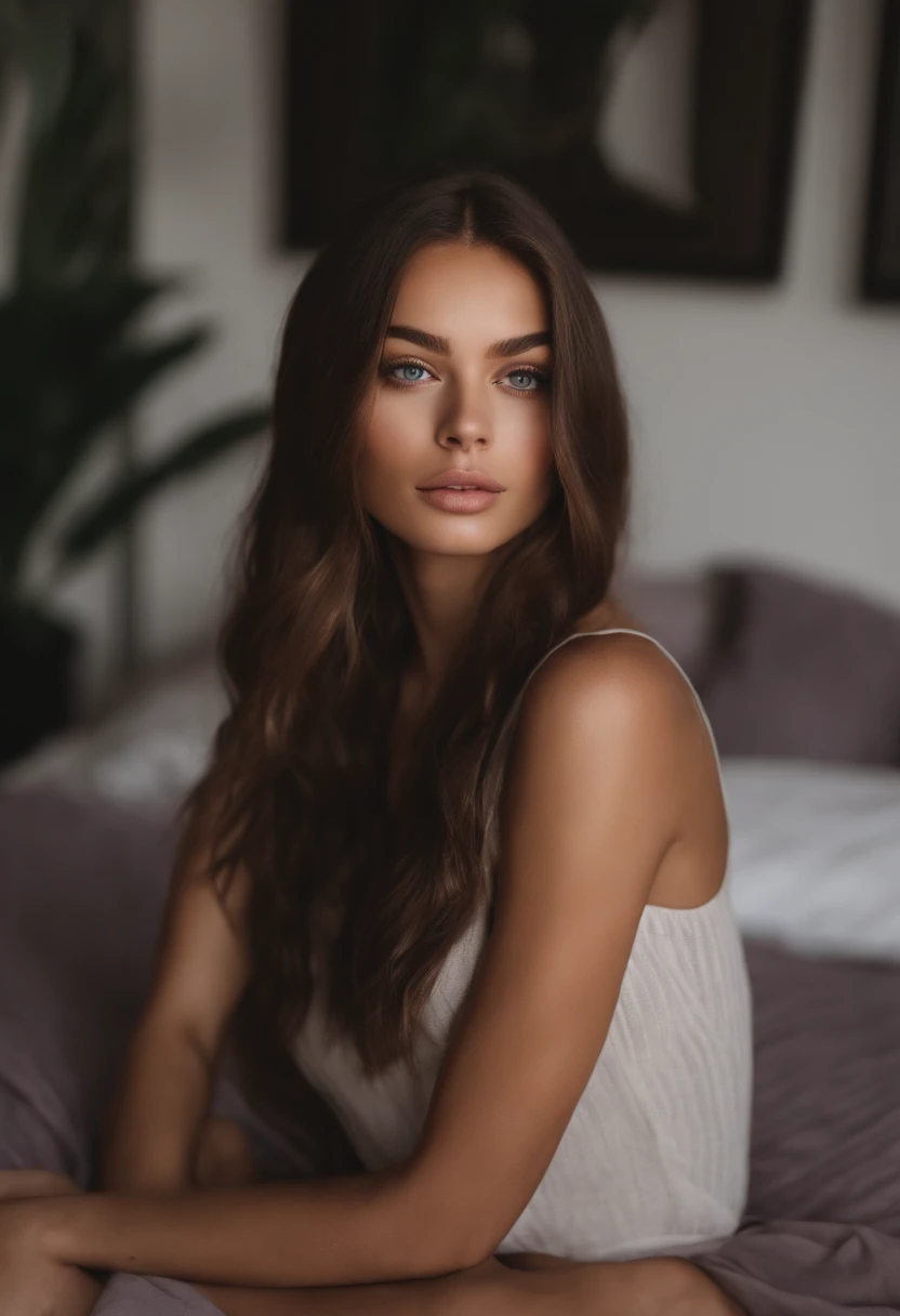 Arafed woman with black clothes, fille sexy aux yeux bruns, Portrait Sophie Mudd, cheveux bruns et grands yeux, selfie of a young woman, Yeux de chambre, Violet Myers, sans maquillage, maquillage naturel, looking straight at camera, Visage avec Artgram, Maquillage subtil, Superbe photo du corps entier, dans la chambre, clivage