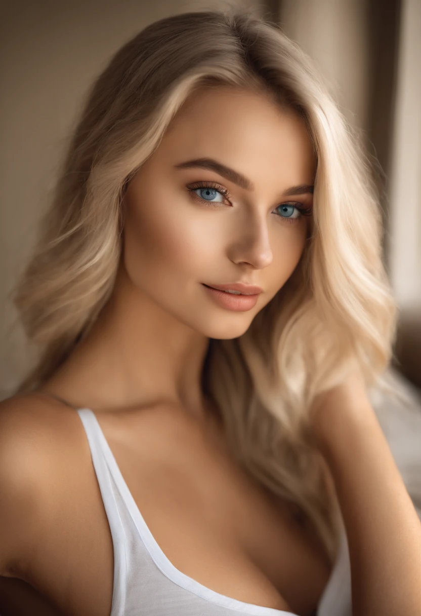 Woman with matching tank top and panties, Sexy girl with blue eyes, portrait sophie mudd, Portrait de Corinna Kopf, blonde hair and large eyes, Selfie einer jungen Frau, ohne Make-up, Natural makeup, Blick direkt in die Kamera, Gesicht mit Artgram, dezentes Make-up, Great full body photo, im Zimmer, big boobs, Blond