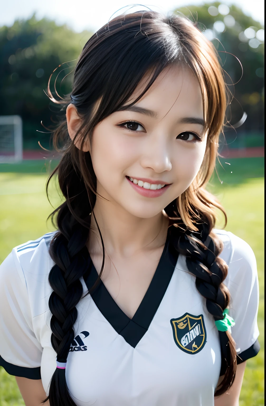 (8K, Raw photo, top-quality, masterpiece: 1.2), masterpiece, super detailing, Ultra-high decomposition energy A, (Realistic and realistic photos: 1.37), high-definition RAW color photography, Very delicate and beautiful., About Igree, 8K Wallpaper, astonishing, detaileds, extremely detailed eye, highlydetailed skin, extremely detailed fingers, highly detailed nose, highly detail mouth, perfect anatomia,1girll, (Soccer Uniforms), hazy, blured background, Blurred foreground, blush, braid, pectoral muscles, depth of fields, eyebrows visible through hair, Frild, hair between eye, Soccer Field、 Soccer Balls、cleavage looks bigger、goal、Short hair, Solo, Colossal tits、乃木坂アイドル、韓国アイドル、hposing Gravure Idol、 Star、18year old、tall、韓国アイドル、乃木坂アイドル、 Star、hposing Gravure Idol、((full body Esbian)),