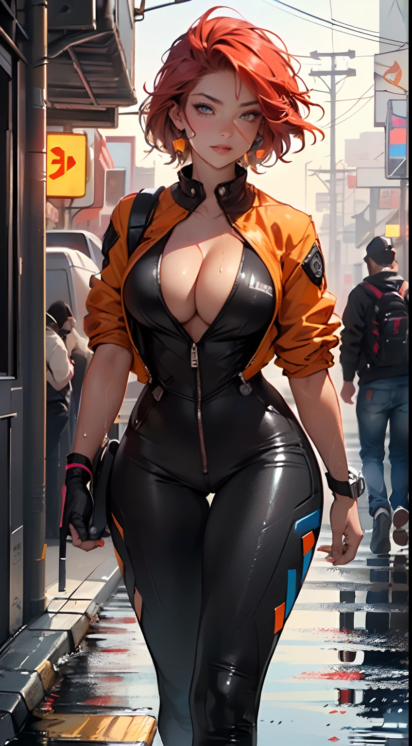 mechanical girl,(1girl: 1.3),((1girl with extremely cute and beautiful red hair)),neon orange accent
(big breasts: 1.4),sagging breasts,(((short red hair: 1.35,cropped,redhead,very short hair))),((heterochromia:1.5, (orange eye and red eye))),intricate eyes,beautiful detailed eyes,symmetrical eyes,(fat),((((tan,dark skin,black skin:1.35,dark-skinned_female,lustrous skin:1.5,bright skin: 1.5,shiny skin,very shiny skin,shiny body,illuminated skin,wet legs)))),(spider lower abdomen,narrow waist,wide hip ,athletic body,inflated legs,delicate and detailed fingers,detailed body,(detailed face)),((muscle legs)),((muscular thighs)),((muscular girl)),((strong and muscular,bodybuilder,strong body,muscular,feminine and muscular)),((ABS)),(huge stature,tall stature,very tall girl),
cute,slutty,sensual,seductive look,seductive,erotic,((nsfw)),
(fitted overalls: 1.3,suit unbuttoned),(((mechanical tools on his clothing,cyberpunk clothes))),(((huge cleavage))),((wet clothes,intricate outfit,intricate clothes)),
(dynamic pose:1.0),embarrassed,(centered,scale to fit dimensions,Rule of thirds),
cyberpunk city by the ocean at night, with bright neon signs and dark stormy clouds and puddles, scenery:1.25,
artistic photography,(photography taken by sldr),highres, sharp focus, (ultra detailed, extremely detailed), (photorealistic artwork:1.37),(extremely detailed CG unity 8k ),((synthwave background theme)),(((vibrant colors))),(intricate background),(masterpiece),(best quality), orange accent, 8k