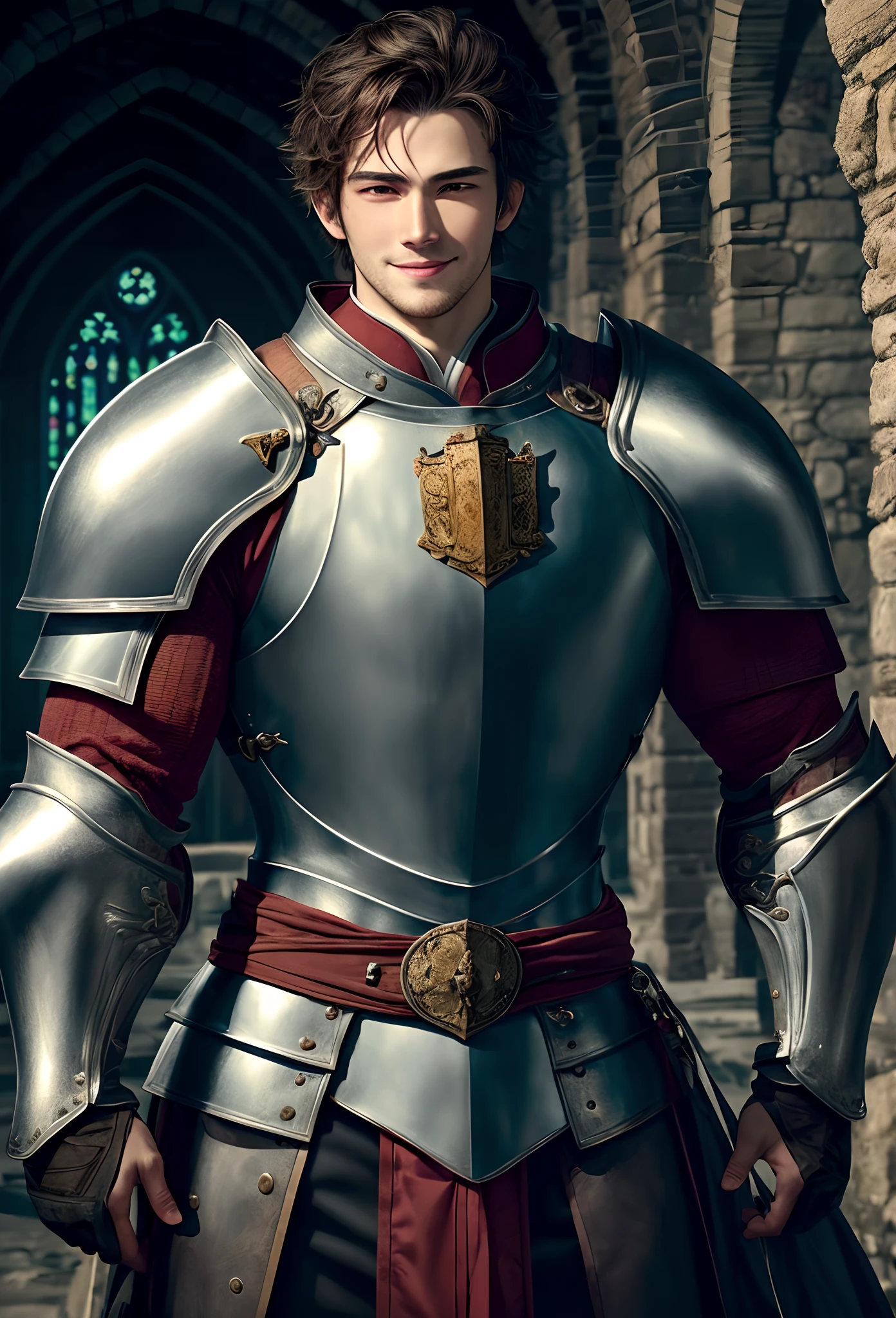 Beautiful man, cartoon realistic, Asian soft features, Androgynous looking, green eyes, smiling softly revealing one dimple, pitch-black messy hair, muscular body with wide shoulders ((big chest and tiny waist)), wearing a knight armor that covers his whole body while accentuate his curves in the church