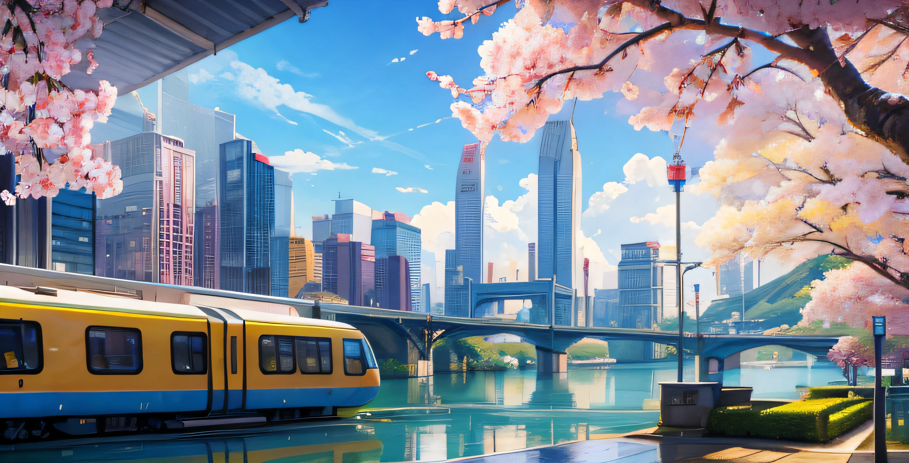 A yellow maglev train coming out of a tunnel, cherry blossom on top of the tunnel, lake with futuristic city with tall buildings in the background, boats on the lake, 8-bit style, daytime,train moving forward, scale 1920 x 1080, Pixel Art,