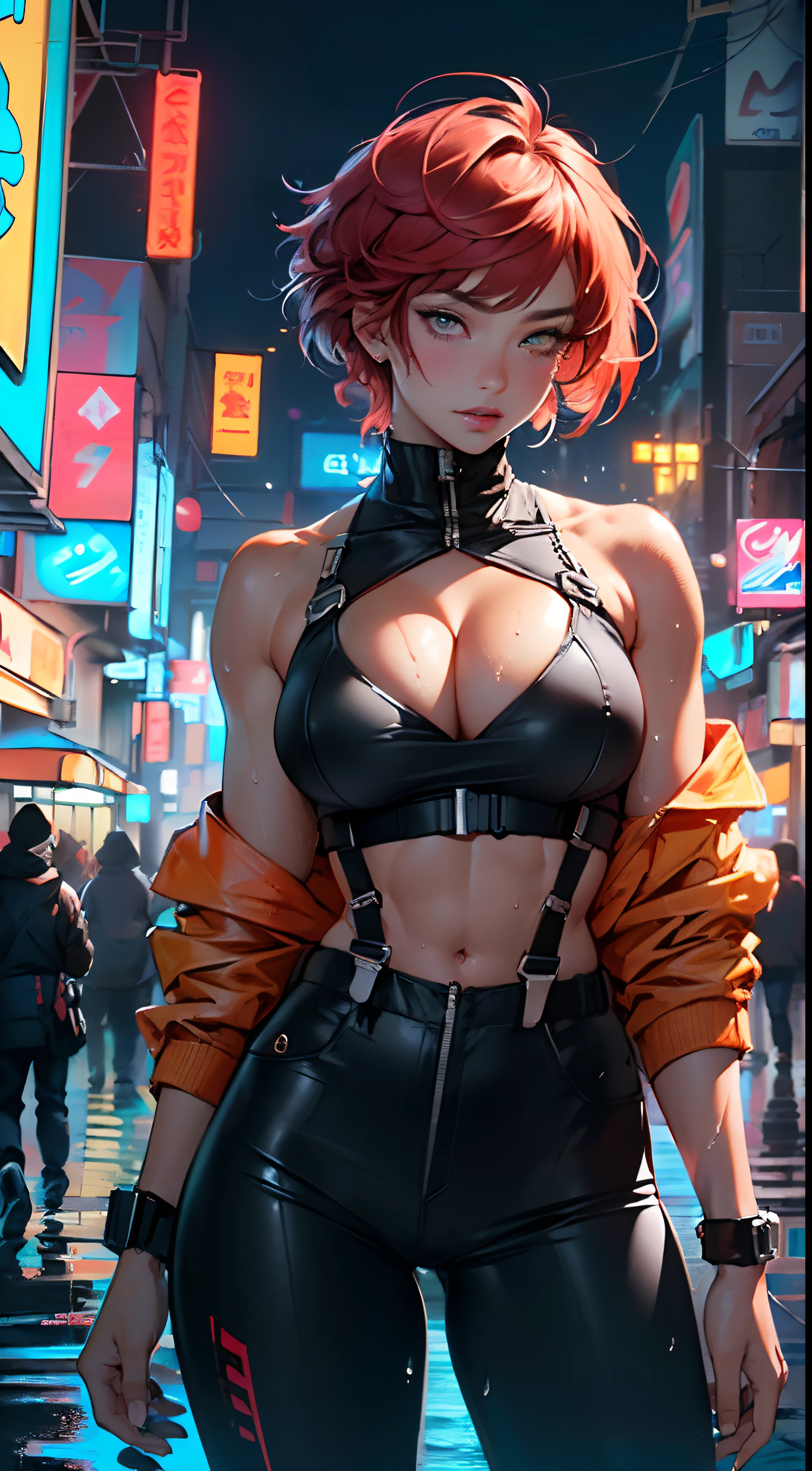 mechanical girl,(1girl: 1.3),((1girl with extremely cute and beautiful red hair)),neon orange accent
(big breasts: 1.4),sagging breasts,(((short red hair: 1.35,cropped,redhead,very short hair))),((heterochromia:1.5, (orange eye and red eye))),intricate eyes,beautiful detailed eyes,symmetrical eyes,(fat),((((tan,dark skin,black skin:1.35,dark-skinned_female,lustrous skin:1.5,bright skin: 1.5,shiny skin,very shiny skin,shiny body,illuminated skin,wet legs)))),(spider lower abdomen,narrow waist,wide hip ,athletic body,inflated legs,delicate and detailed fingers,detailed body,(detailed face)),((muscle legs)),((muscular thighs)),((muscular girl)),((strong and muscular,bodybuilder,strong body,muscular,feminine and muscular)),((ABS)),(huge stature,tall stature,very tall girl),
cute,slutty,sensual,seductive look,seductive,erotic,((nsfw)),
(fitted overalls: 1.3,suit unbuttoned),(((mechanical tools on his clothing,cyberpunk clothes))),(((huge cleavage))),((wet clothes,intricate outfit,intricate clothes)),
(dynamic pose:1.0),embarrassed,(centered,scale to fit dimensions,Rule of thirds),
cyberpunk city by the ocean at night, with bright neon signs and dark stormy clouds and puddles, scenery:1.25,
artistic photography,(photography taken by sldr),highres, sharp focus, (ultra detailed, extremely detailed), (photorealistic artwork:1.37),(extremely detailed CG unity 8k ),((synthwave background theme)),(((vibrant colors))),(intricate background),(masterpiece),(best quality), orange accent, 8k