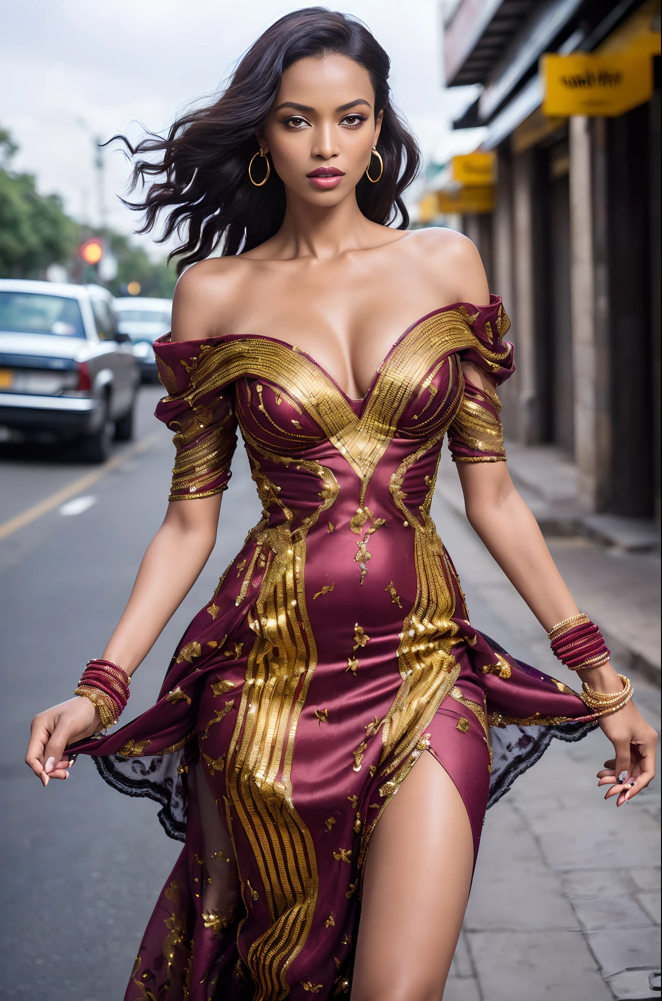 ((Masterpiece)), a beautiful Ethiopian woman (Milla Jovovich:0.5), brown-black hair, wearing a colourful high detail gown, walking the streets of Addis Ababa, (UHD, 8K wallpaper, High resolution), Cinematic lighting, award-winning, extremely detailed skin, extra detailed face, high detail eyes, photo-realistic, Zeiss 85 mm F/1.4, by Ellen von Unwerth