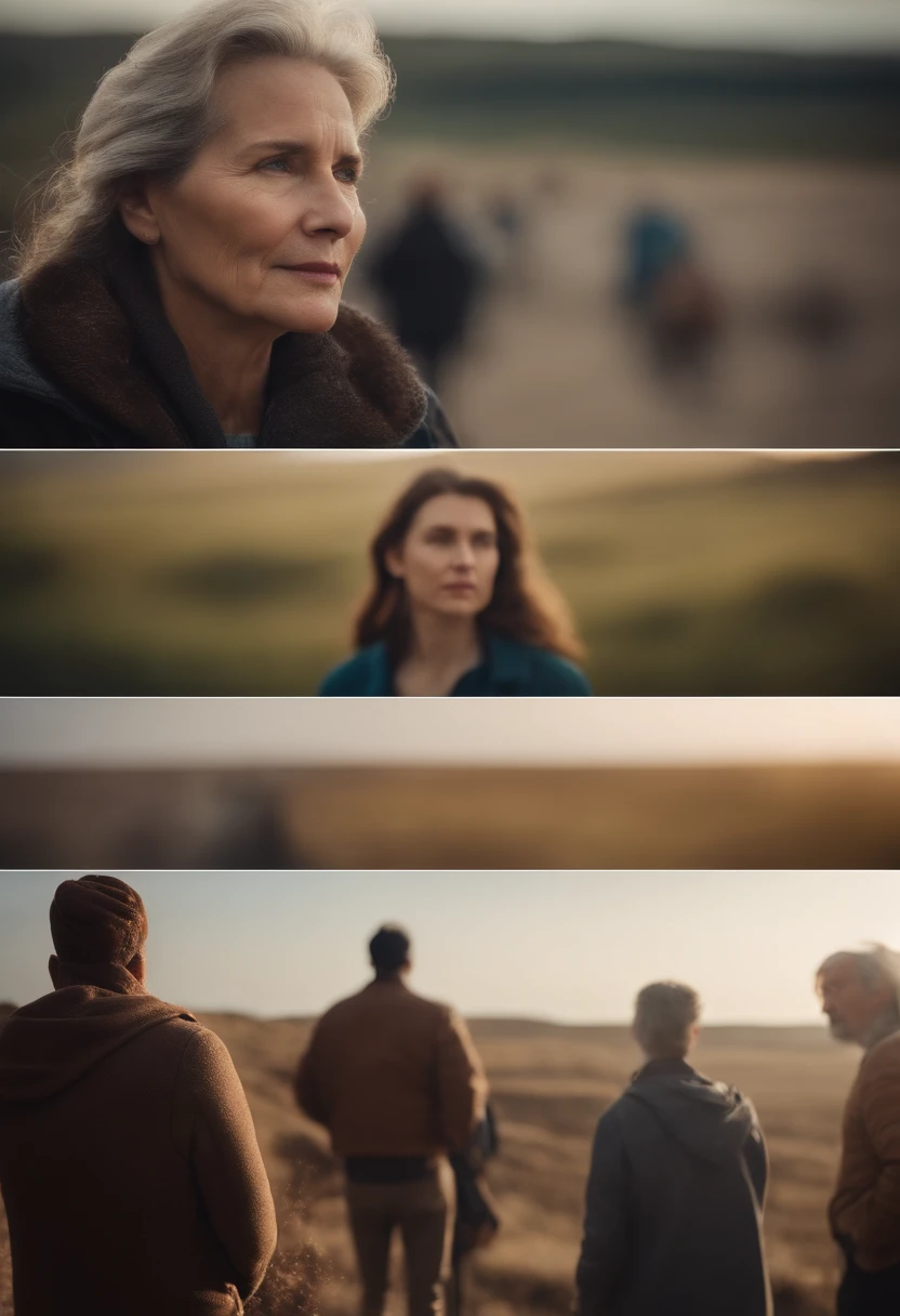 Scenes of people of different ages and backgrounds looking at the horizon, thoughtful