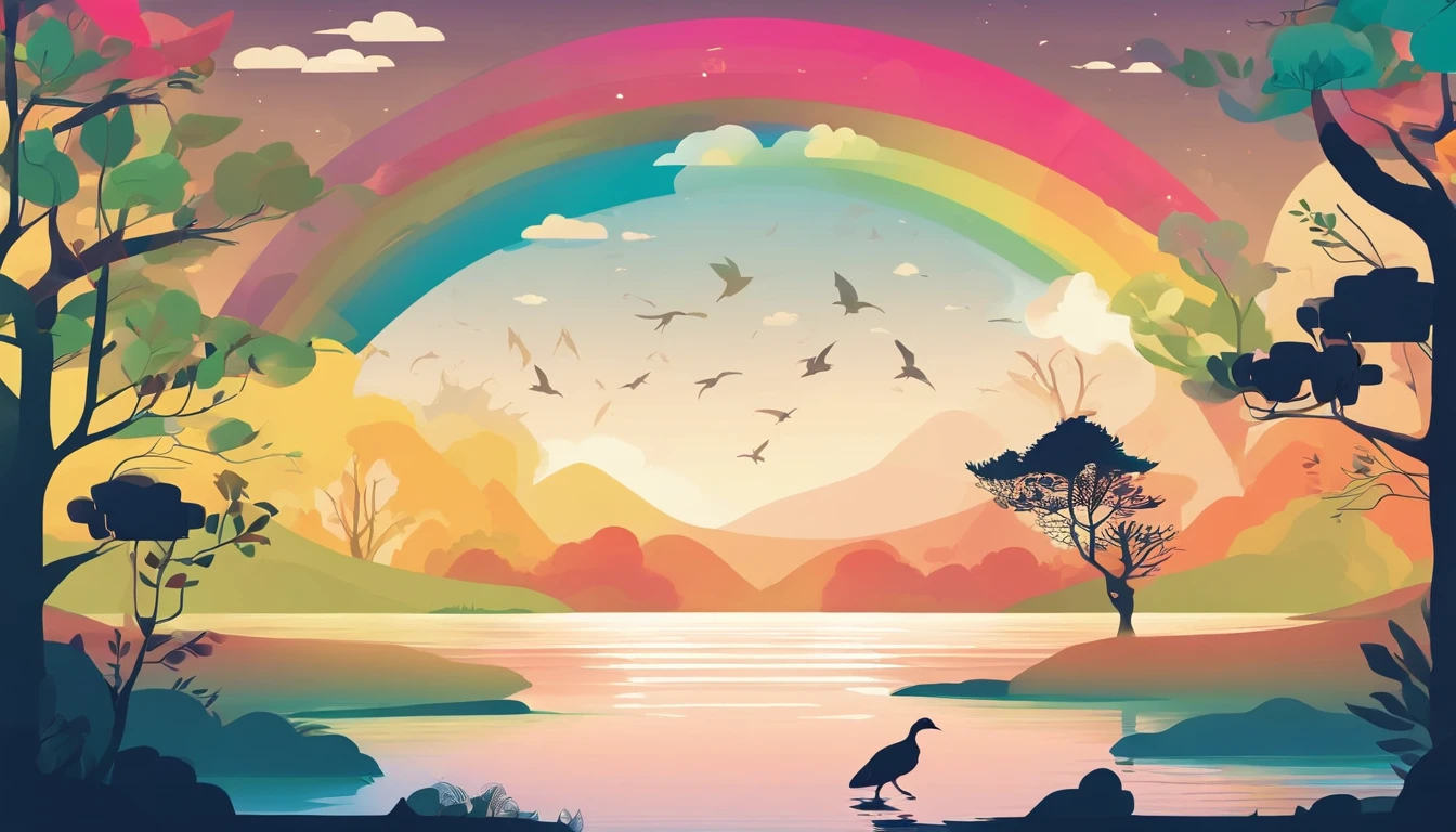 （（A rainbow appears in the sky after the rain）），baiyun, after rainny, rays of sunshine, refractions, Seven colors, Red, Orange, Yellow, Green, Blue, Violet, arc-shaped, A bridge to heaven, llight rays, dream magical, wanting, Calm lake, inverted image, The outline of the tree, Birds fly, freshen, magical, Beautiful natural landscape