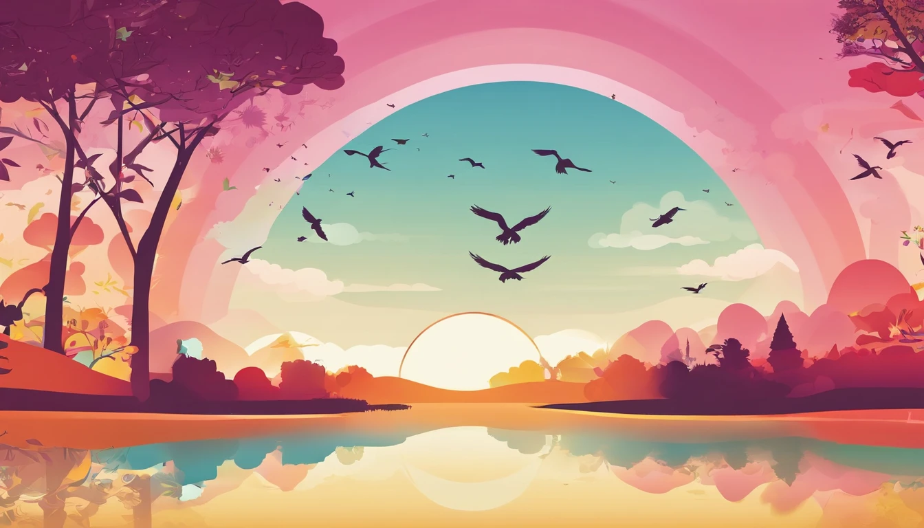 ((A rainbow appears in the sky after the rain)),baiyun, after rainny, rays of sunshine, refractions, Seven colors, Red, Orange, Yellow, Green, Blue, Violet, arc-shaped, A bridge to heaven, llight rays, dream magical, wanting, Calm lake, inverted image, The outline of the tree, Birds fly, freshen, magical, Beautiful natural landscape