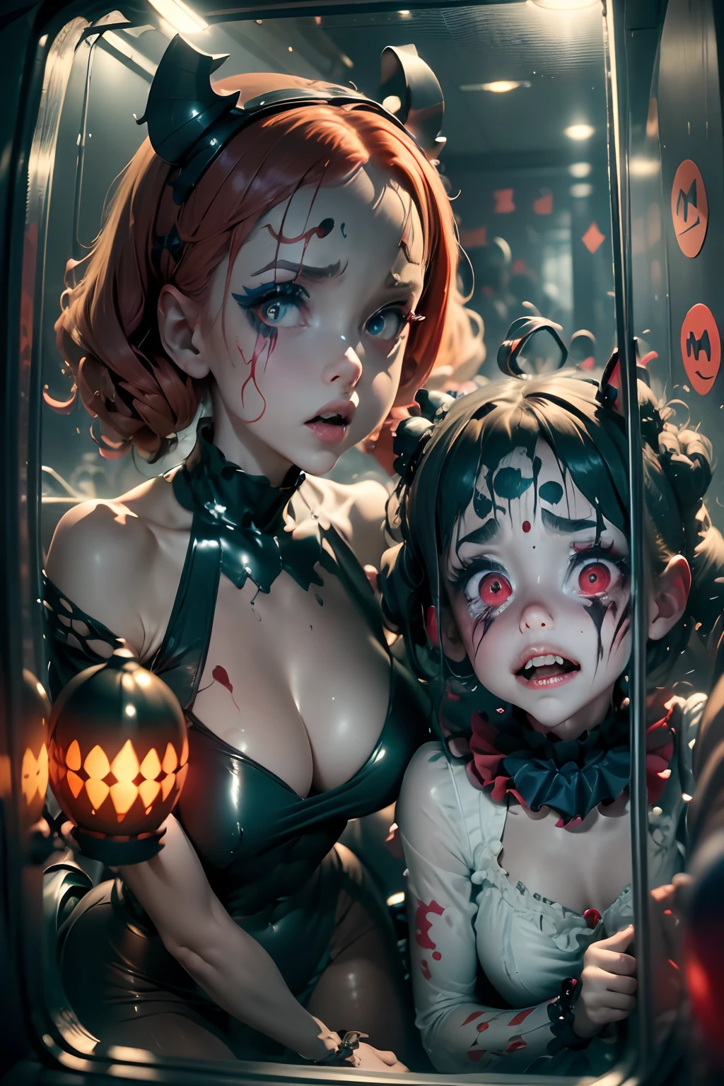 (high quality,fine workmanship:1.2),detailed,cartoonish clown car filled with frightened girls,realistic,striking colors,moody lighting,terrified expressions,red noses and painted faces,circus theme,spooky atmosphere,scared girls holding each other tightly,horrified,chaotic scene,fearful eyes,clown wigs and colorful outfits,hilarious yet unsettling,confined space,ominous shadows,panic-stricken,scary faces,creepy-crawly creatures peeking from windows,long jagged teeth,shaking hands,blurry background,crowded interior,tense atmosphere