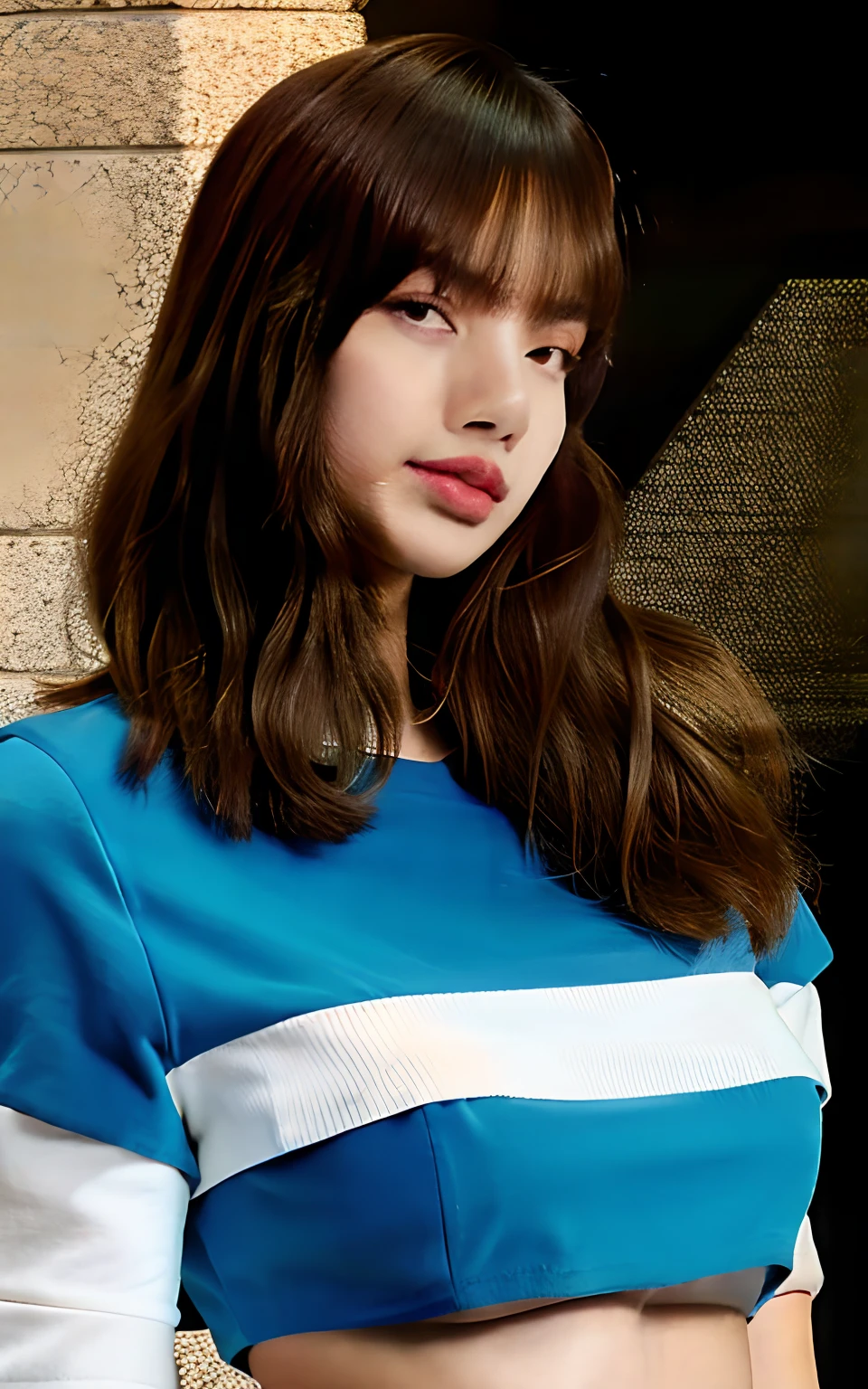 fotorrealista, La mejor calidad, hiper detallado, beautiful woman, Foto selfie, Parte superior del cuerpo, solamente, Blusa de tirantes mostrando senos enormes 1.45, Lalisa Manoba, Korean girl, Cabello largo, liso con fleco, Senos enormes, Cuerpo con curvas, Cuerpo seductor, voluptuoso