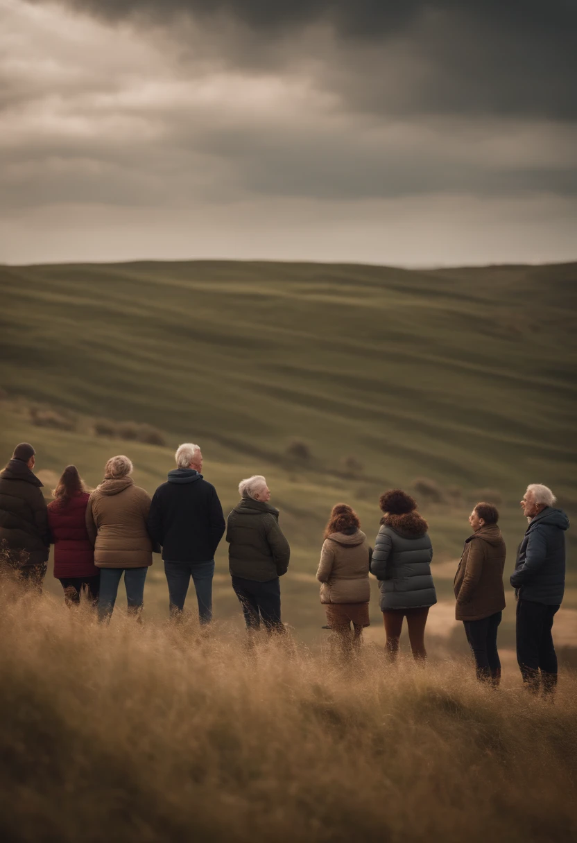 Scene of people of different ages and backgrounds looking at the horizon, thoughtful