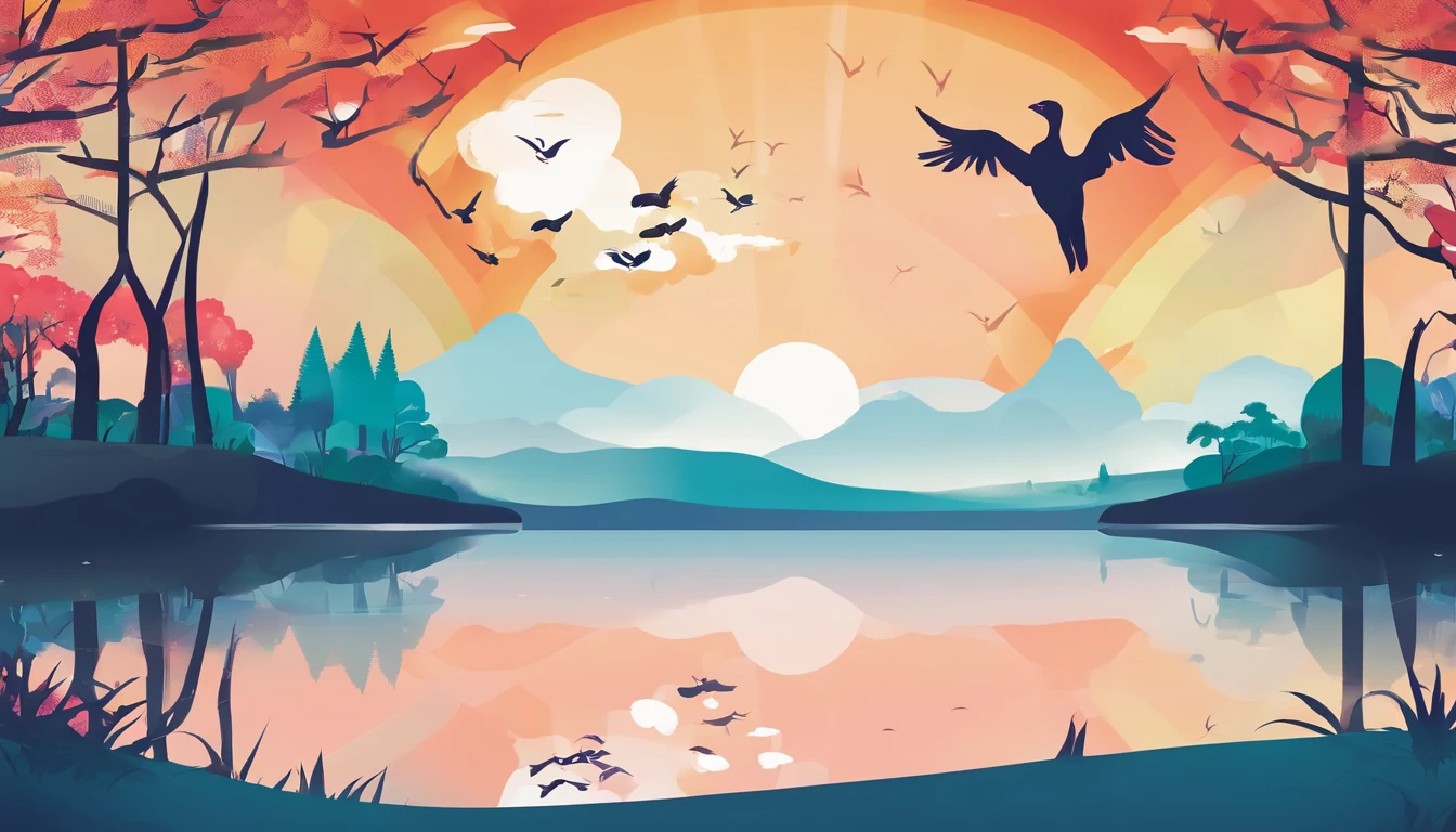 ((A rainbow appears in the sky after the rain)),baiyun, after rainny, rays of sunshine, refractions, Seven colors, Red, Orange, Yellow, Green, Blue, Violet, arc-shaped, A bridge to heaven, llight rays, dream magical, wanting, Calm lake, inverted image, The outline of the tree, Birds fly, freshen, magical, Beautiful natural landscape