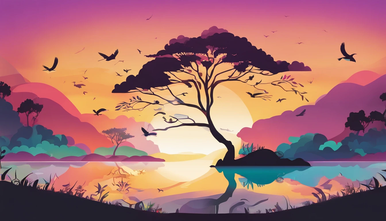((A rainbow appears in the sky after the rain)),baiyun, after rainny, rays of sunshine, refractions, Seven colors, Red, Orange, Yellow, Green, Blue, Violet, arc-shaped, A bridge to heaven, llight rays, dream magical, wanting, Calm lake, inverted image, The outline of the tree, Birds fly, freshen, magical, Beautiful natural landscape
