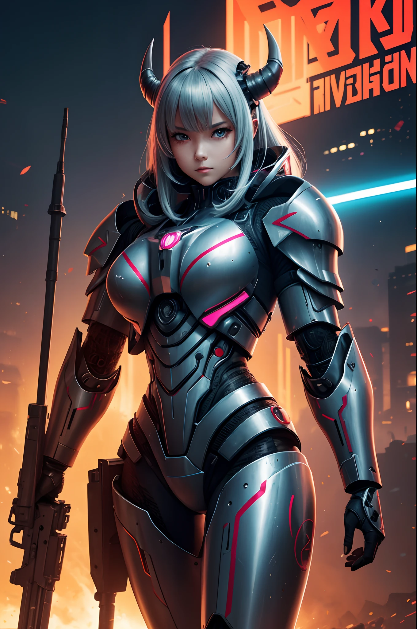 beautiful young girl in a futuristic female warrior armor(cyborg neon armor), style Soviet poster, USSR poster, guns and swords in the background, mech war in the background, sunny weather, anime, manga graphics, dark colors, offset printing, high detail, Poster, 8K, HD, CMYK, Happy, Natural Lighting --q 2 --ar 9:16,whit demon mask oni