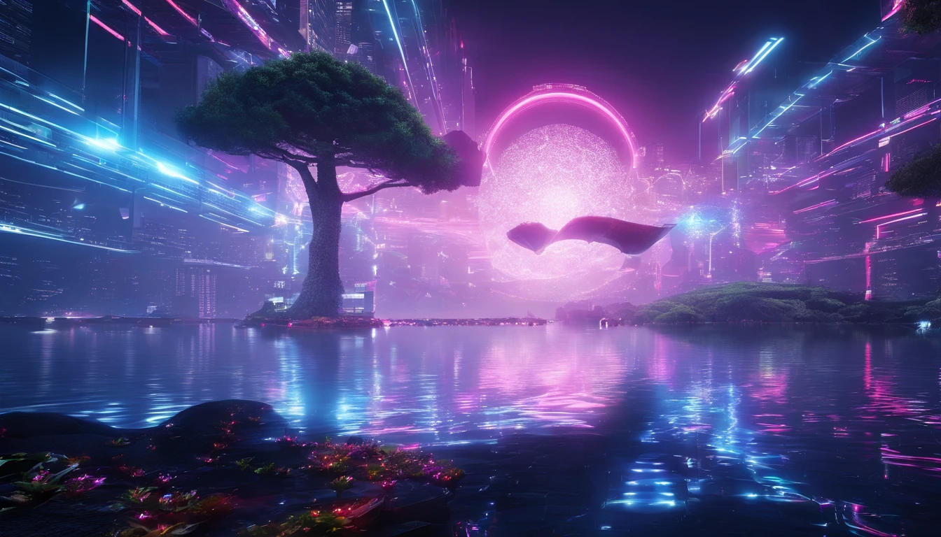 ((A rainbow appears in the sky after the rain)),baiyun, after rainny, rays of sunshine, refractions, Seven colors, Red, Orange, Yellow, Green, Blue, Violet, arc-shaped, A bridge to heaven, llight rays, dream magical, wanting, Calm lake, inverted image, The outline of the tree, Birds fly, freshen, magical, Beautiful natural landscape