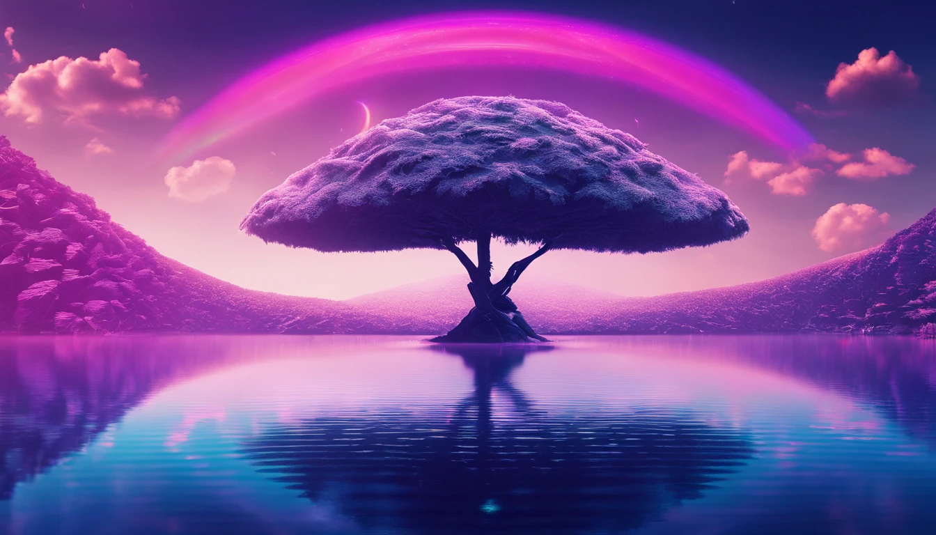 （（A rainbow appears in the sky after the rain）），baiyun, after rainny, rays of sunshine, refractions, Seven colors, Red, Orange, Yellow, Green, Blue, Violet, arc-shaped, A bridge to heaven, llight rays, dream magical, wanting, Calm lake, inverted image, The outline of the tree, Birds fly, freshen, magical, Beautiful natural landscape