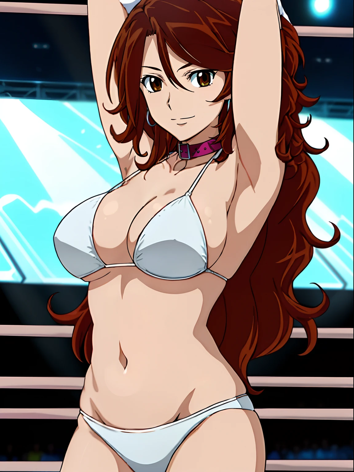 hug, Elegant lady, (upper body only), anime style: 1.8, anime drawing, ultra detailed face, ultra detailed body, 4k, Sumergai Lee Noriega, (standing), best quality, anime style, hires, highest definition, digital blending, bold drawing lines, ((wwe diva), (location: wrestling arena, crowds watching), ( slim body, (little biceps), , off-shoulders, closed fists, (curvy: 2.8)), ((white bikini, only, white gloves, collar, armpit protector)), victorious, winner, gentle, (pale skin, shiny skin, very big breasts, smile), (big eyes, brown eyes), (clapping), (brown hair, loose hair, curly hair, wavy hair, long hair, missy hair), 27 years old,