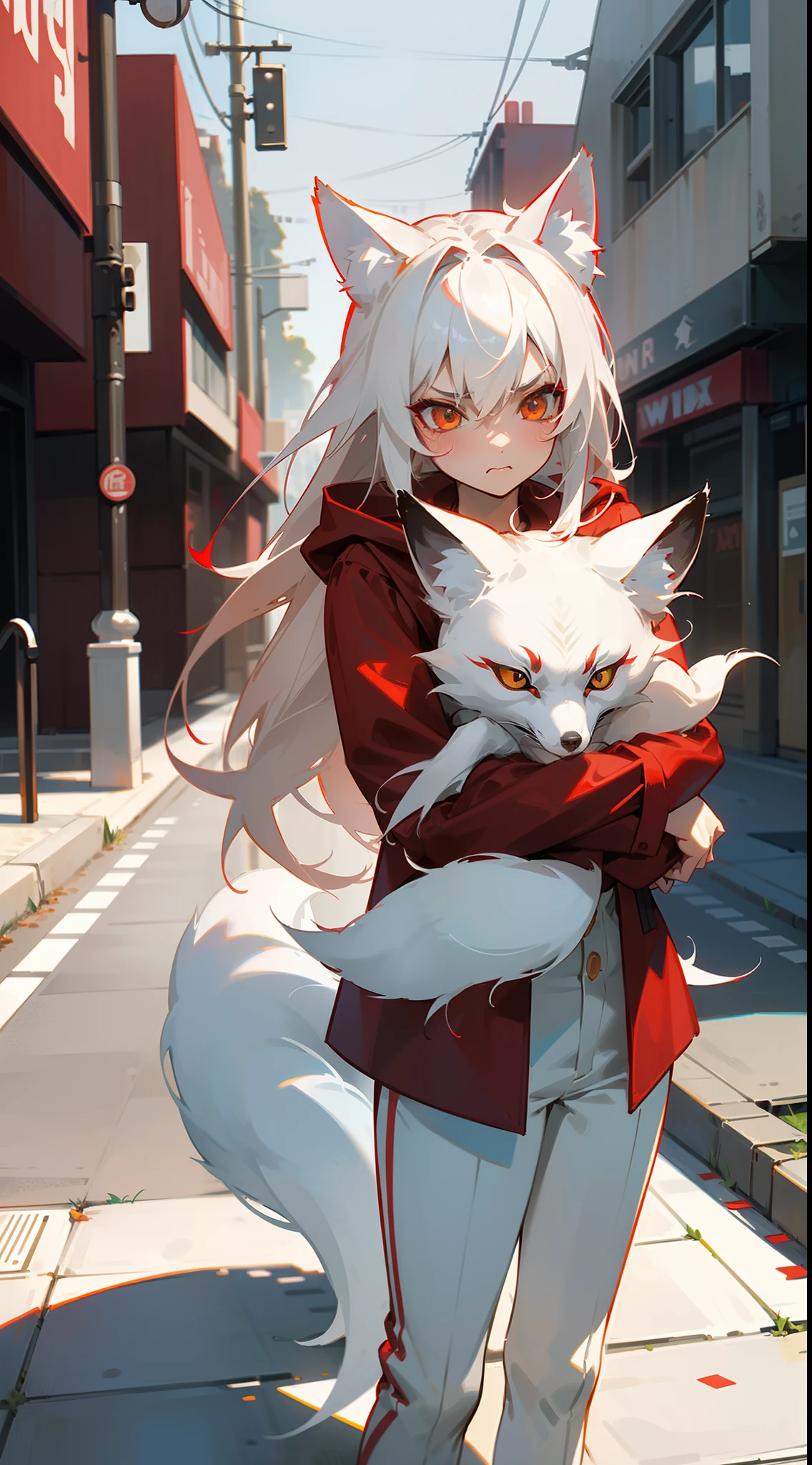 1girl,20s,small size,angry face,red overcoat with hooded,(red shirt),white pants,medium tits,white hair,long hair,red eyes,fox ears,(((standing in a street in suburbs hugging a little white fox))),cowboy shot