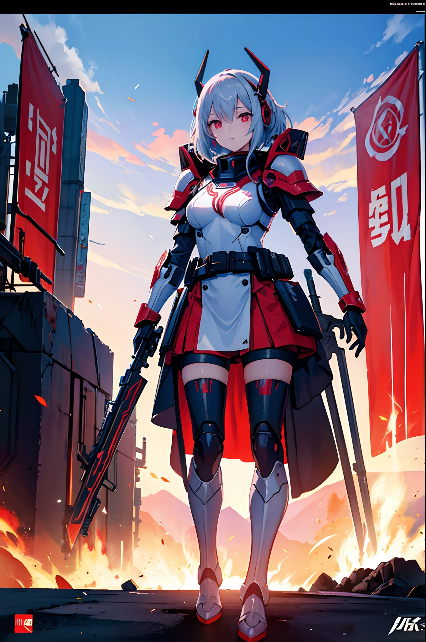 beautiful young girl in a futuristic female warrior armor(cyborg neon armor), style Soviet poster, USSR poster, guns and swords in the background, mech war in the background, sunny weather, anime, manga graphics, dark colors, offset printing, high detail, Poster, 8K, HD, CMYK, Happy, Natural Lighting --q 2 --ar 9:16,whit demon mask oni