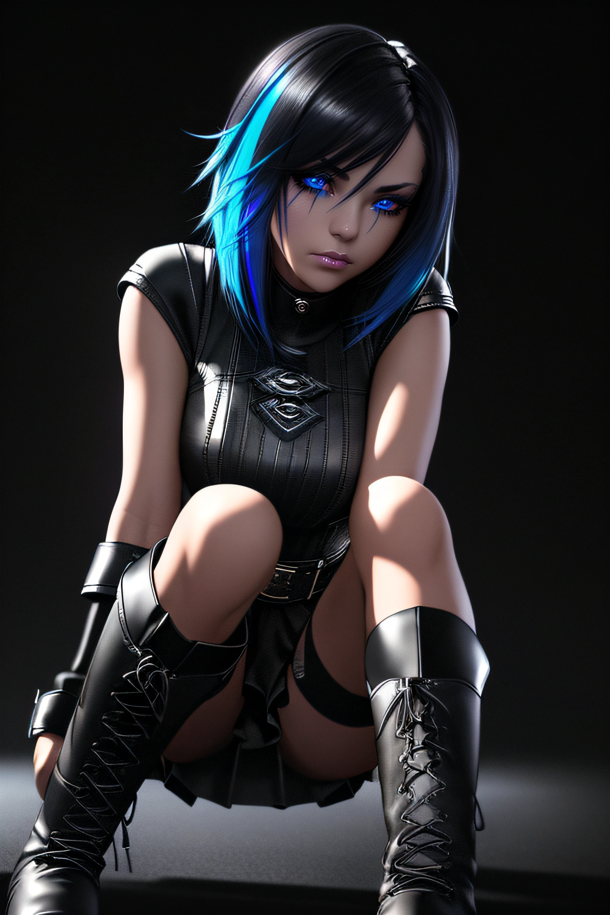 beautiful girl, full body, short bright blue neon streaked dishevelled hair, ((large light realistic detailed eyes:1.3)), ((seductive pose:0.5)), black eyeshadow, (street style wear:1.2), ((tight fitted short skirt)), ((knee high leather boots:1.3)), (dark city night black background:1.4), dark makeup, digital art, trending on artstation, highly detailed, fine detail, intricate, beautiful detailed glow, detailed, Cinematic light, high-res, detailed facial features, sharp focus, smooth, aesthetic,