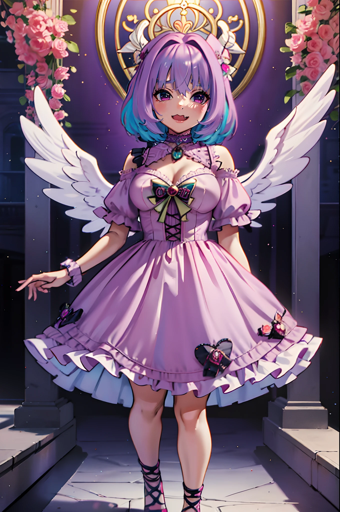 (best quality,masterpiece:1.2),intricate details,beautiful detailed eyes,beautiful detailed lips,extremely detailed eyes and face,longeyelashes,riamu, modeseven,super curvy,comic style,vibrant colors,standing,innocent, full body, standing, smile, princess dress, noble clothing, holy angel magicalgirl, open mouth fang, holy haura, halo, smile, joyfull