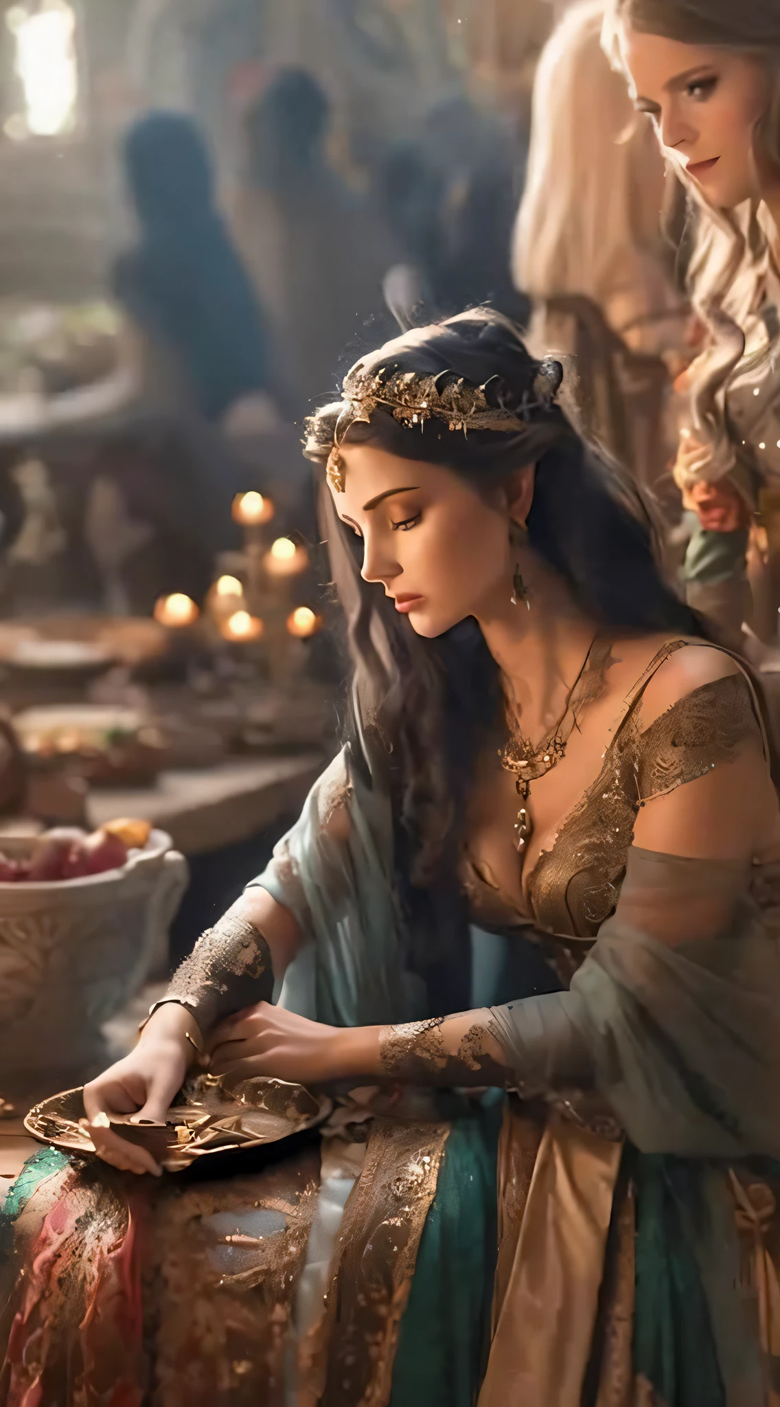 A woman in a dress sitting on a table with a dish, beautiful Elfa Princess, beautiful and elegant elf, beautiful elf with ornate garments, (a beautiful empress fantasy)), as a character of medieval fantasy, medieval princess, Magali Villeneuve, », Beautiful Languida Princess, from Warcraft, very beautiful Elven Top Model, beautiful and elegant female