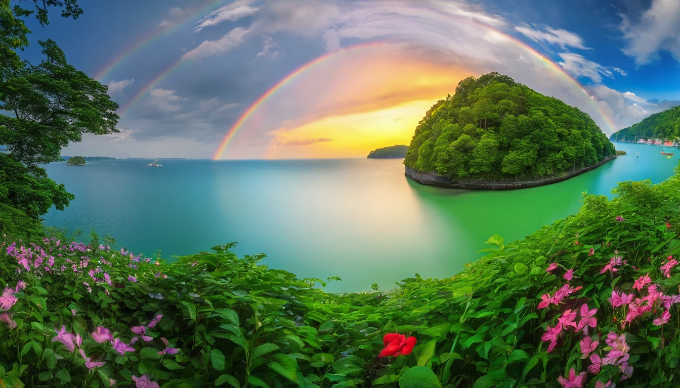 ((A rainbow appears in the sky after the rain)),baiyun, after rainny, rays of sunshine, refractions, Seven colors, Red, Orange, Yellow, Green, Blue, Violet, arc-shaped, A bridge to heaven, llight rays, dream magical, wanting, Calm lake, inverted image, The outline of the tree, Birds fly, freshen, magical, Beautiful natural landscape