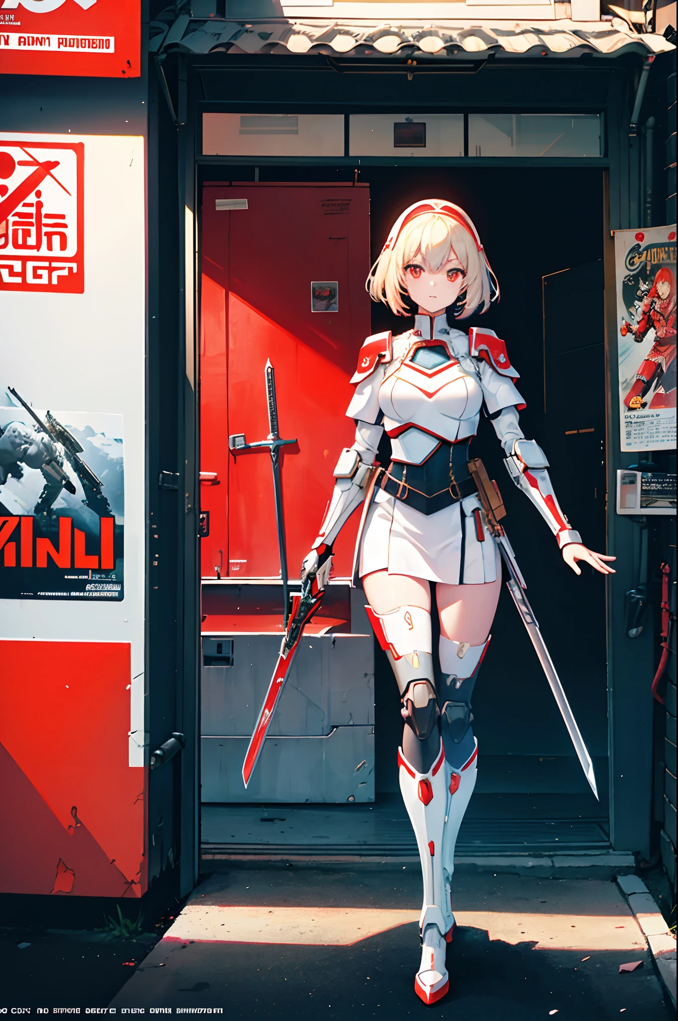 beautiful young girl in a futuristic female warrior armor(cyborg neon armor), style Soviet poster, USSR poster, guns and swords in the background, mech war in the background, sunny weather, anime, manga graphics, dark colors, offset printing, high detail, Poster, 8K, HD, CMYK, Happy, Natural Lighting --q 2 --ar 9:16,whit demon mask oni