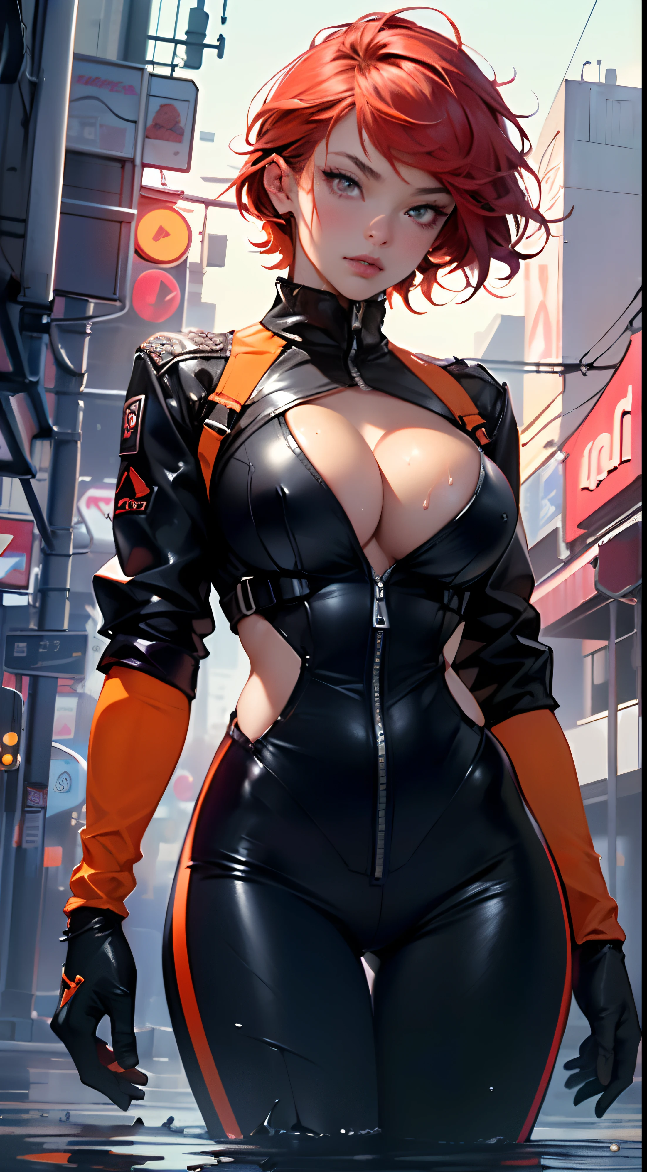 mechanical girl,(1girl: 1.3),((1 black girl with extremely cute and beautiful red hair)), neon orange accent
(big breasts: 1.4),sagging breasts,(((short red hair: 1.35,cropped,redhead,very short hair))),(((neon_orange_eyes:1.3))),intricate eyes,beautiful detailed eyes,symmetrical eyes,(fat),((((,lustrous skin:1.5,bright skin: 1.5,shiny skin,very shiny skin,shiny body,illuminated skin,wet legs)))),(spider lower abdomen,narrow waist,wide hip ,athletic body,inflated legs,delicate and detailed fingers,detailed body,(detailed face)),((muscle legs)),((muscular thighs)),((muscular girl)),((strong and muscular,bodybuilder,strong body,muscular,feminine and muscular)),((,ABS)),(huge stature,tall stature,very tall girl),
cute,slutty,sensual,seductive look,seductive,erotic,((nsfw)),
(fitted overalls: 1.3,suit unbuttoned),((mechanical tools on his clothing)),(((cleavage))),((wet clothes,intricate outfit,intricate clothes)),
(dynamic pose:1.0),embarrassed,(centered,scale to fit dimensions,Rule of thirds),
cyberpunk city by the ocean at night, with bright neon signs and dark stormy clouds and puddles, scenery:1.25,
artistic photography,(photography taken by sldr),highres, sharp focus, (ultra detailed, extremely detailed), (photorealistic artwork:1.37),(extremely detailed CG 8k ),((synthwave background theme)),(((vibrant colors))),(intricate background),(masterpiece),(best quality),